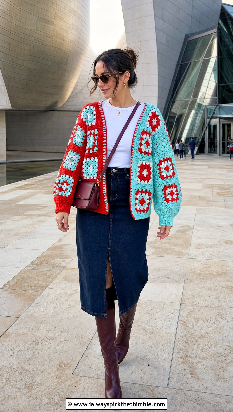 Granny Square Split Color Crochet Cardigan With Denim Skirt - 15 Split Color Crochet Cardigan outfit ideas