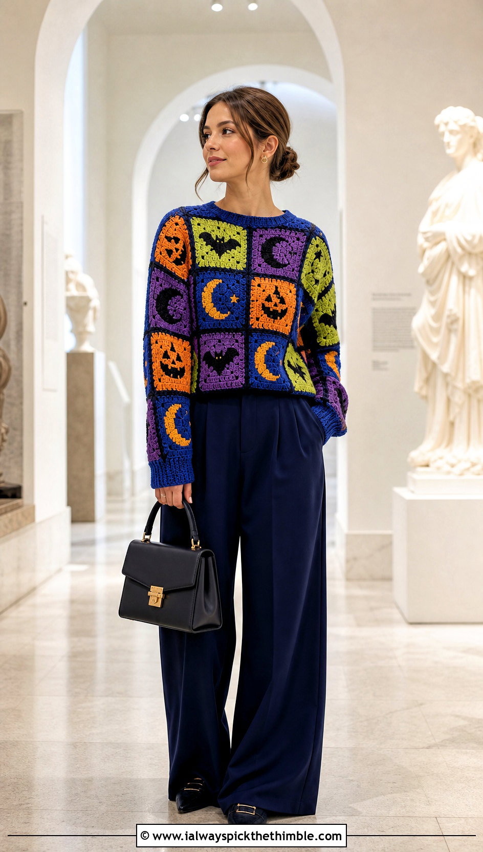 Granny Square Spooky Crochet Sweater With Wide Leg Trousers - 15 Spooky Crochet Sweater outfit ideas