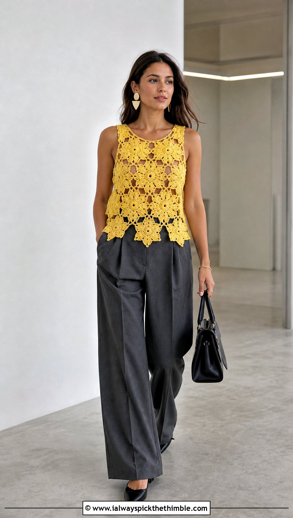 Granny Square Star Crochet Tank Top With Tailored Trousers - 20 Star Crochet Tank Top outfit ideas
