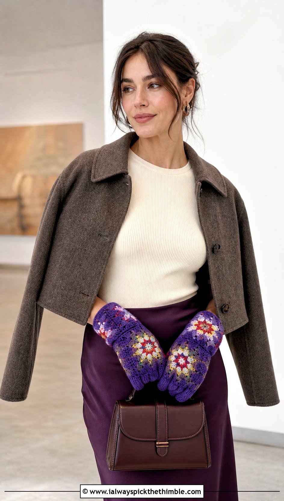 Granny Square Star Gloves With Satin Midi Skirt - 25 crochet star gloves outfit ideas