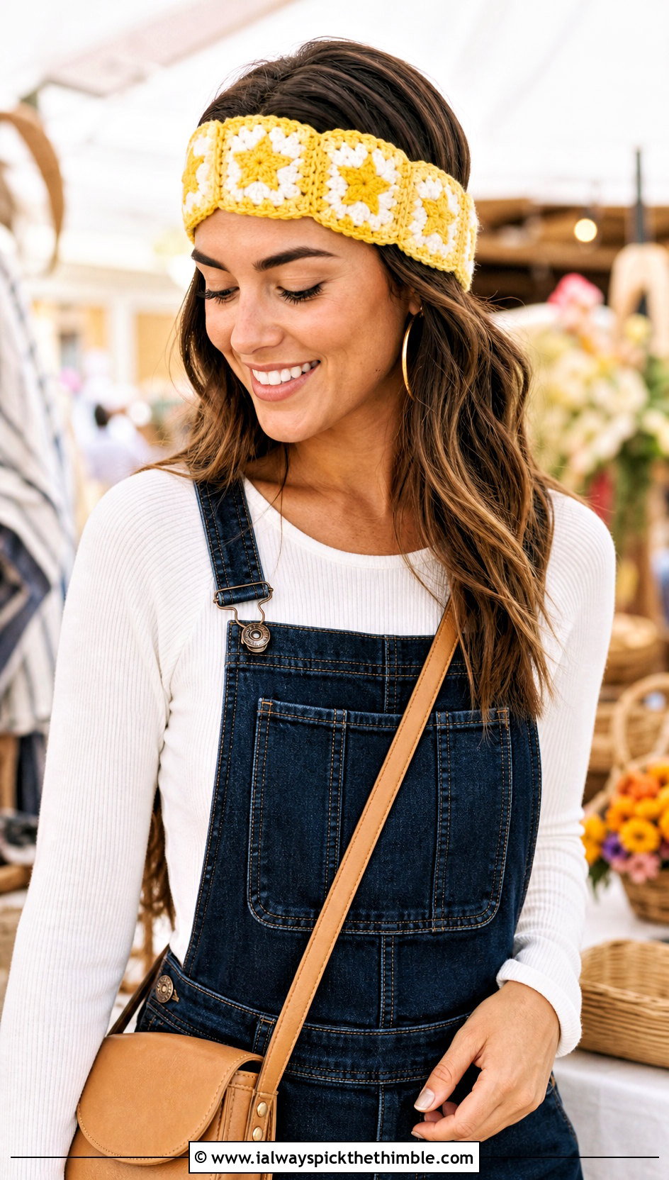 Granny Square Star Headband With Denim Overalls - 20 crochet star headband outfit ideas