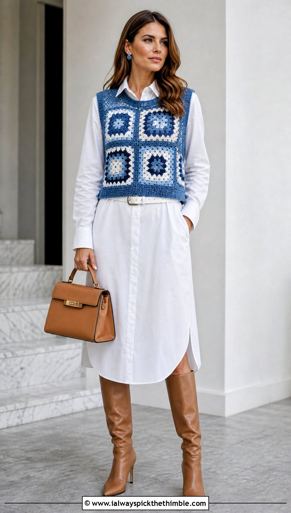 Granny Square Stitch Sweater Vest With Shirt Dress - 20 granny square stitch sweater outfit ideas