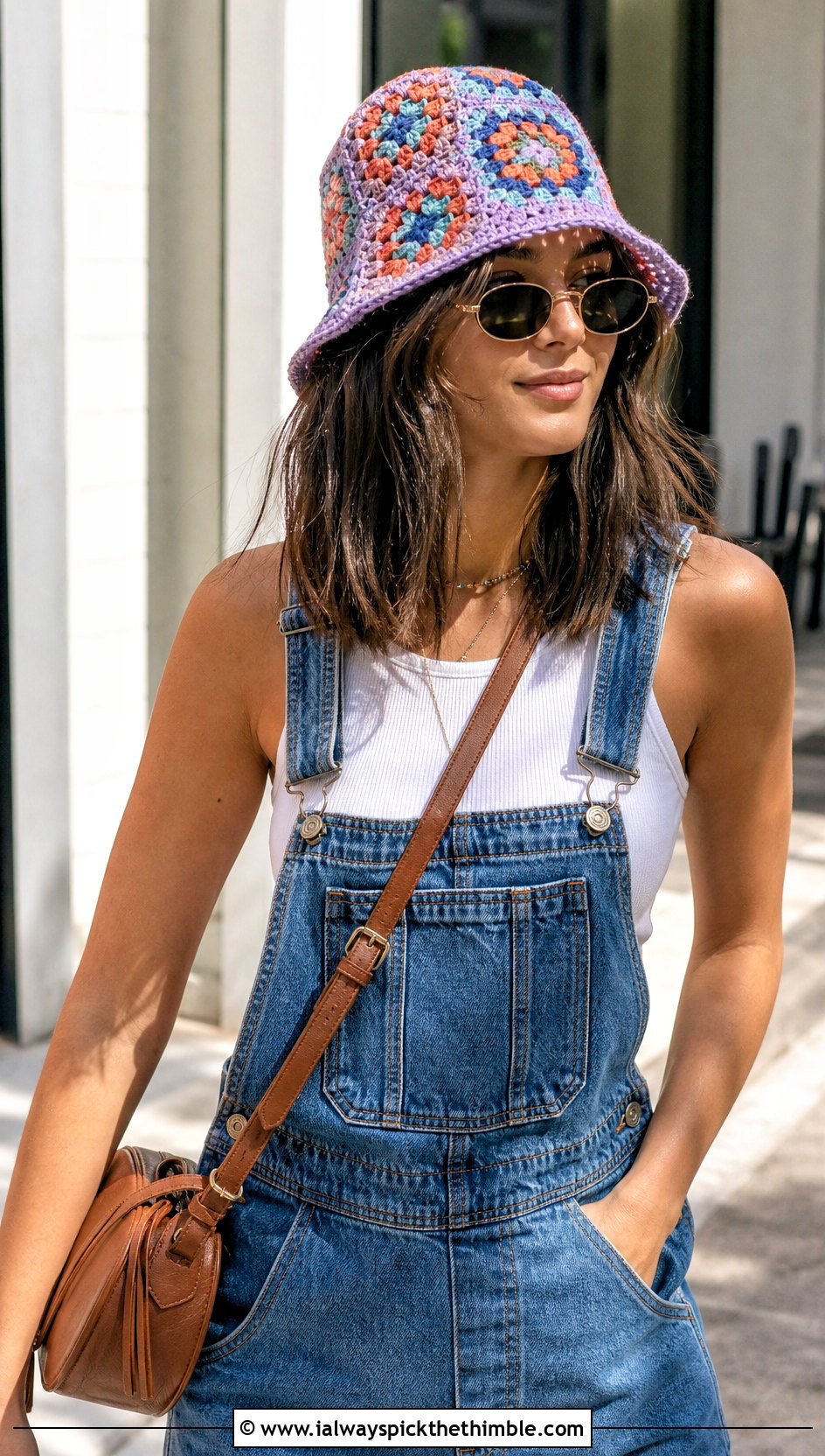 Granny Square Straw Crochet Bucket Hat With Denim Overalls - 20 Straw Crochet Bucket Hat outfit ideas