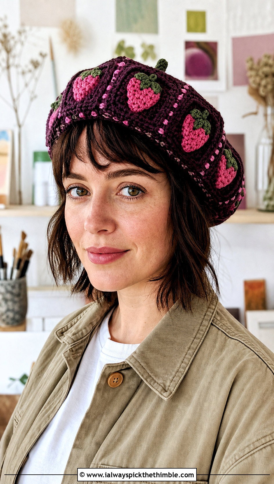 Granny Square Strawberry Crochet Beret With Chore Jacket - 20 strawberry crochet beret outfit ideas