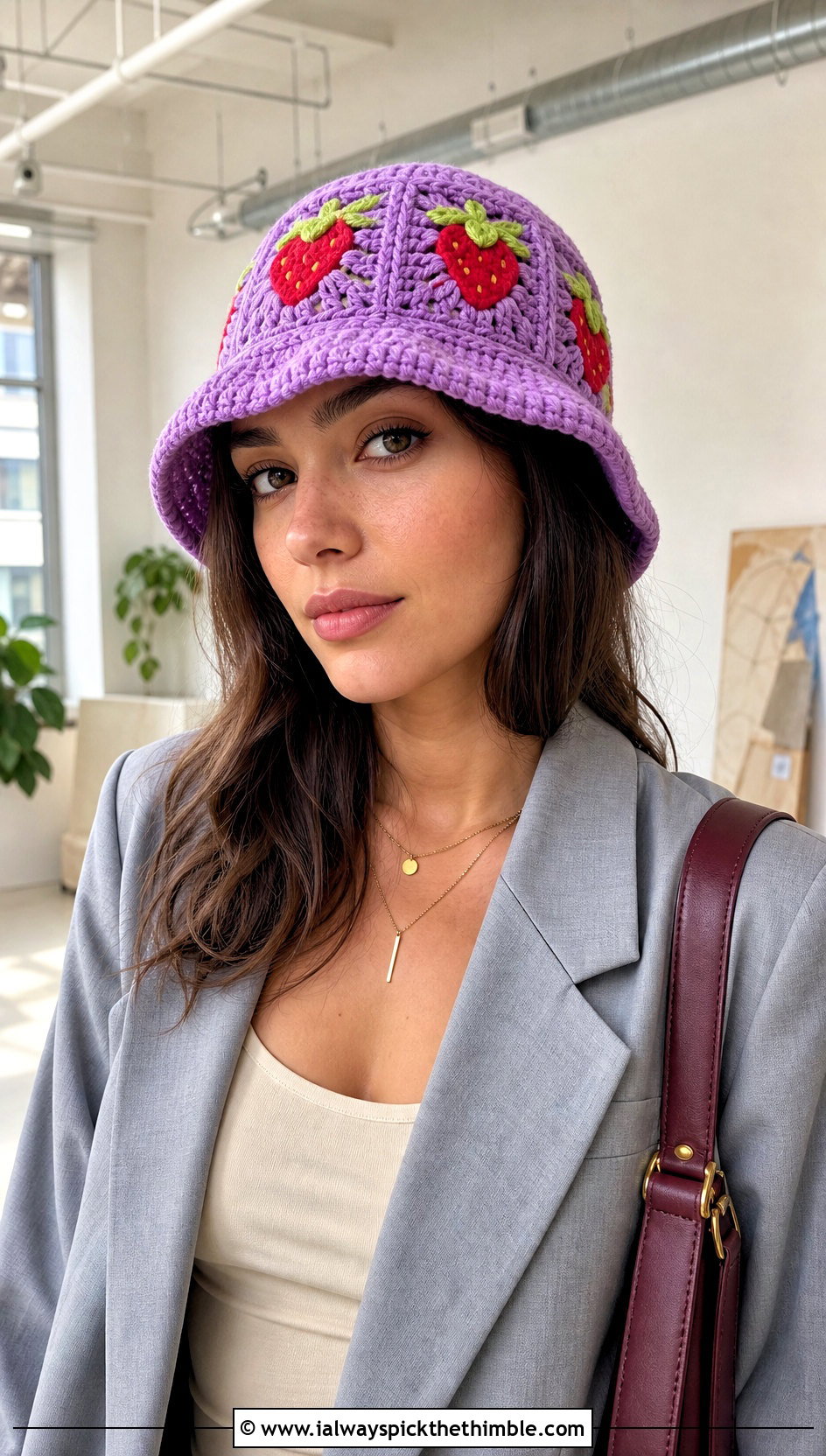 Granny Square Strawberry Crochet Bucket Hat With Blazer And Trousers - 15 strawberry crochet bucket hat outfit ideas