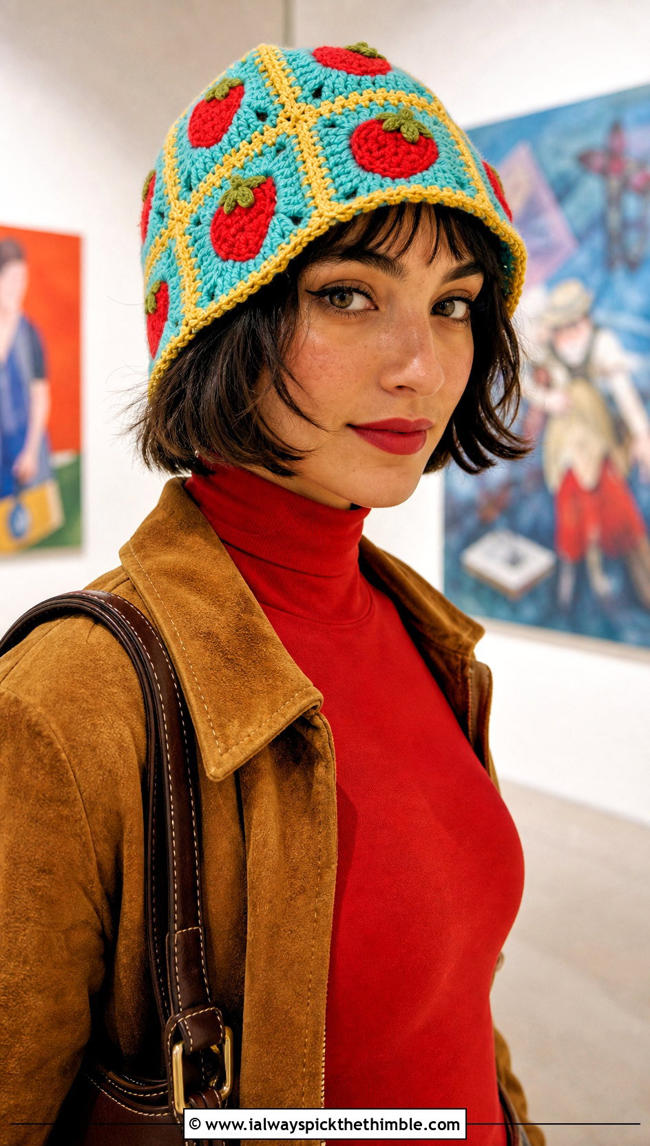 Granny Square Strawberry Crochet Hat With Wide Leg Jeans - 20 strawberry crochet hat outfit ideas