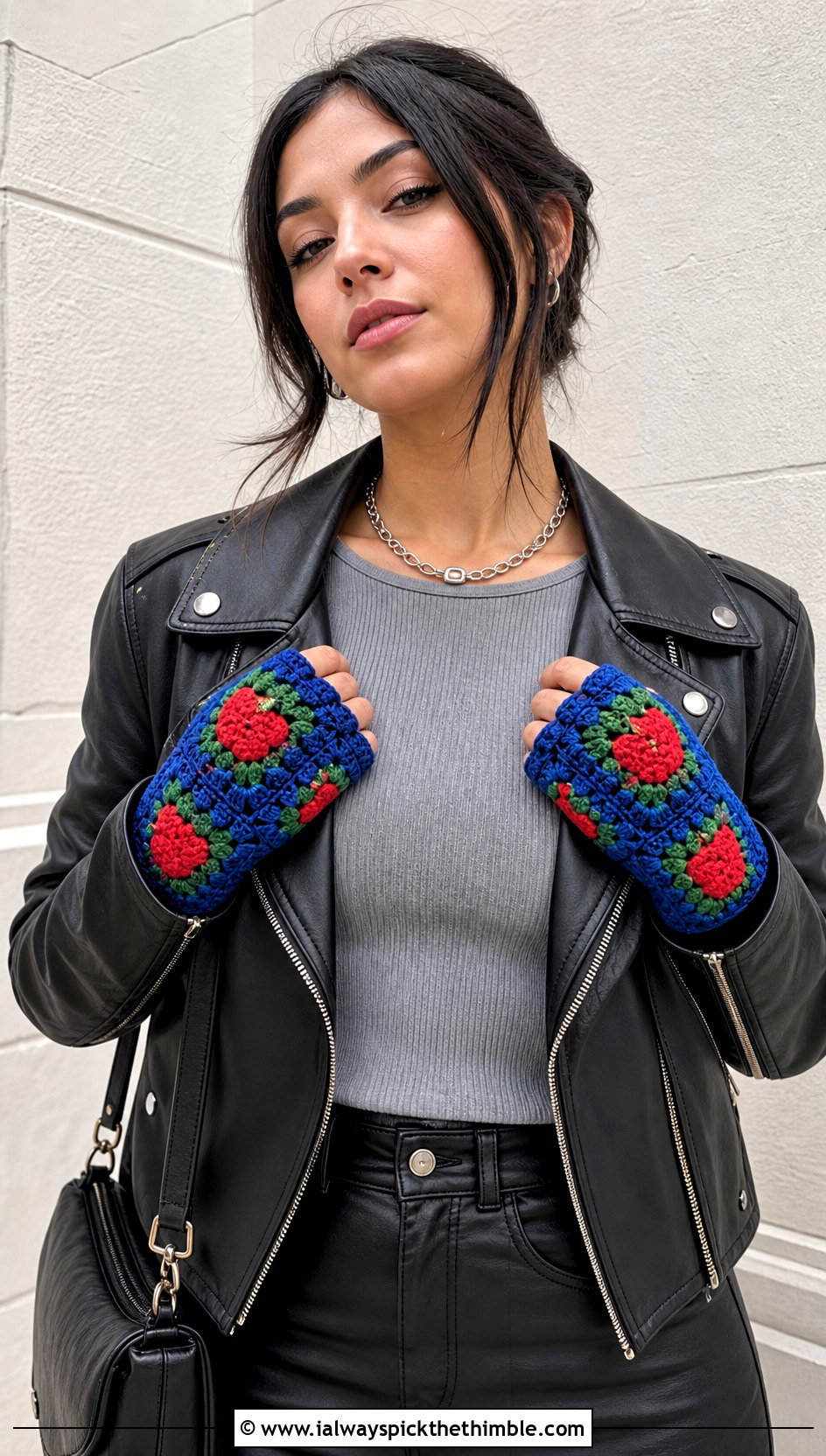 Granny Square Strawberry Gloves With Leather Jacket - 20 Strawberry Crochet Gloves outfit ideas
