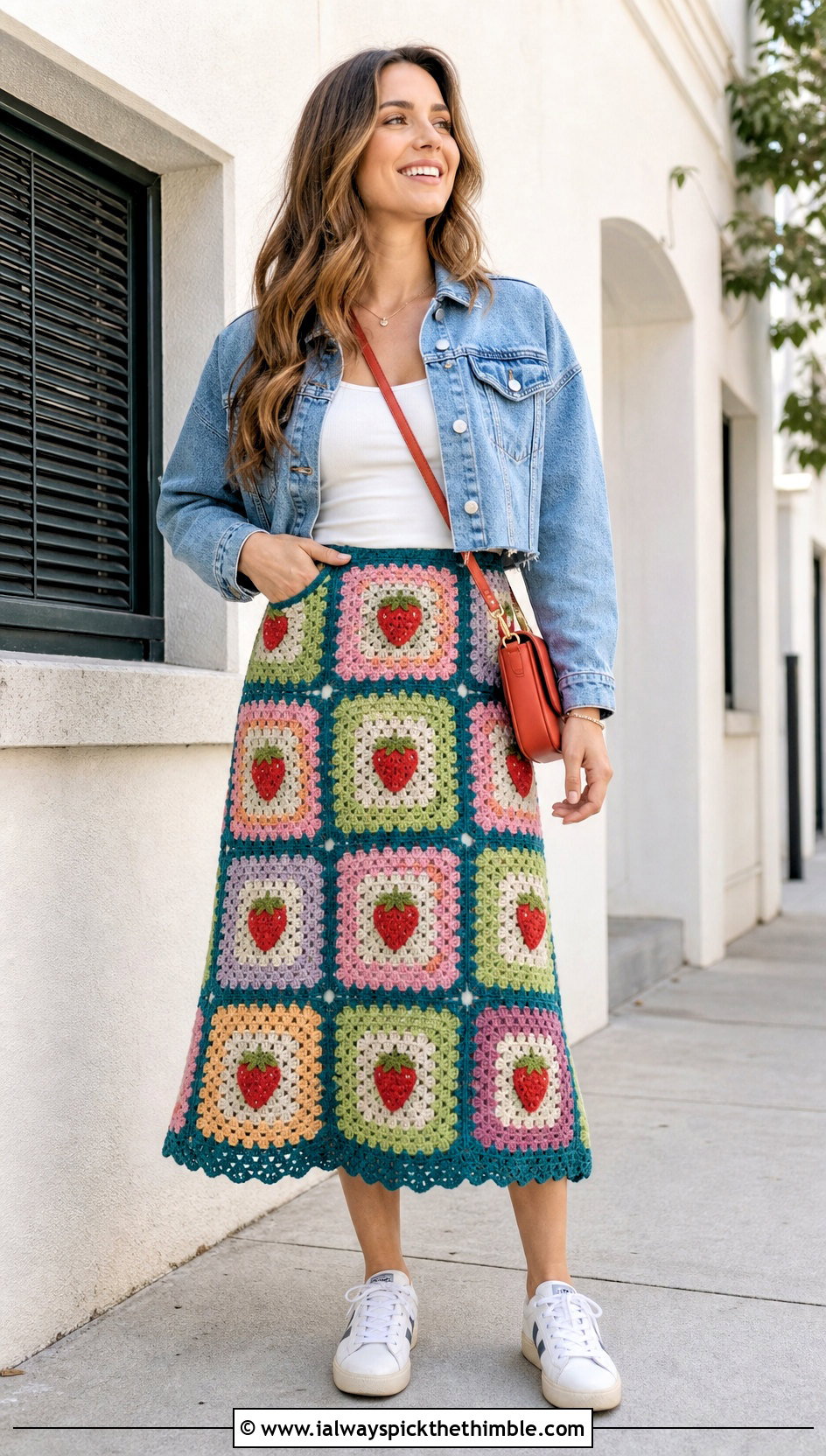 Granny Square Strawberry Skirt With Denim Jacket - 20 crochet strawberry skirt outfit ideas
