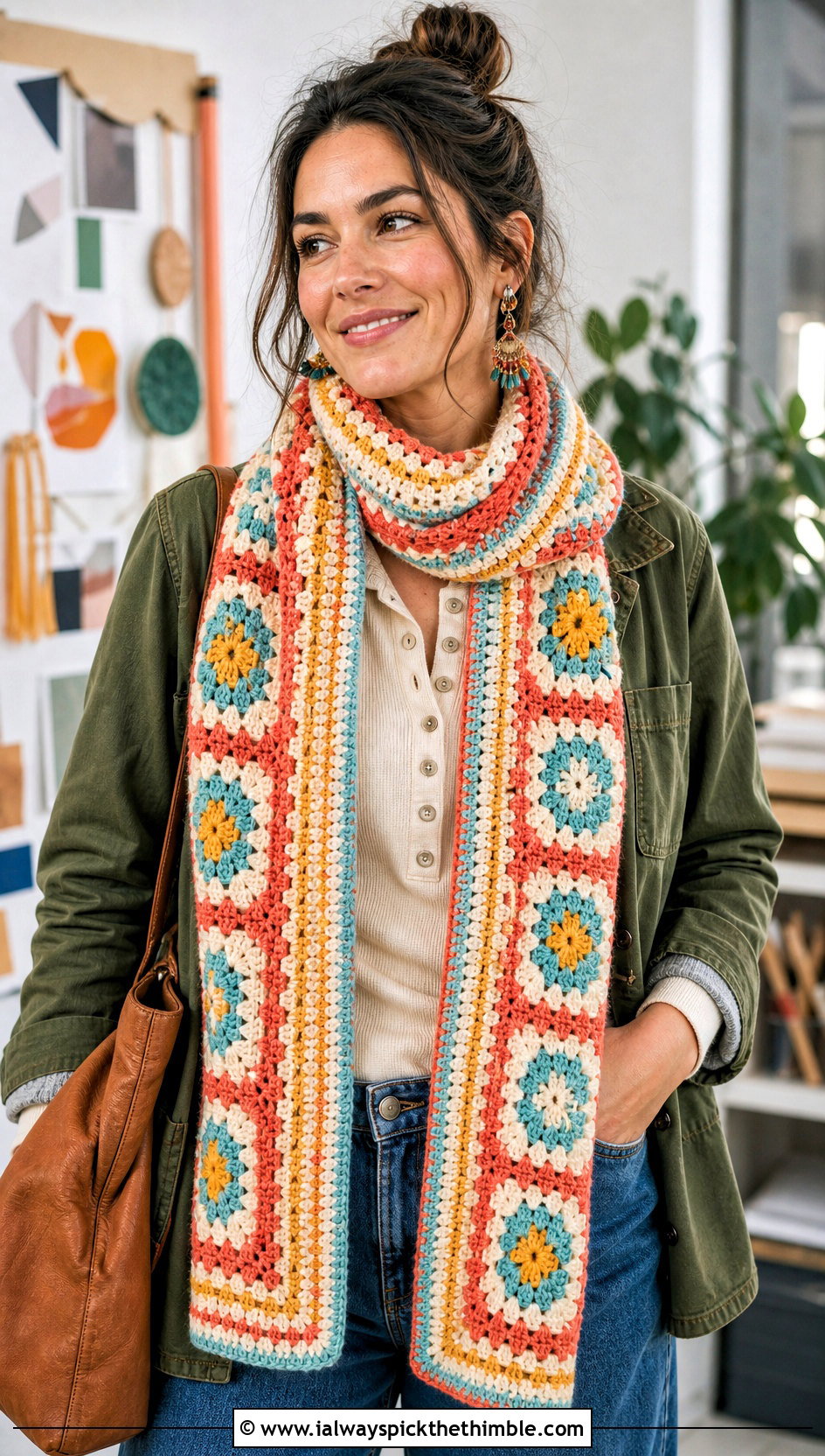 Granny Square Stripe Crochet Scarf With Chore Jacket - 20 Stripe Crochet Scarf outfit ideas