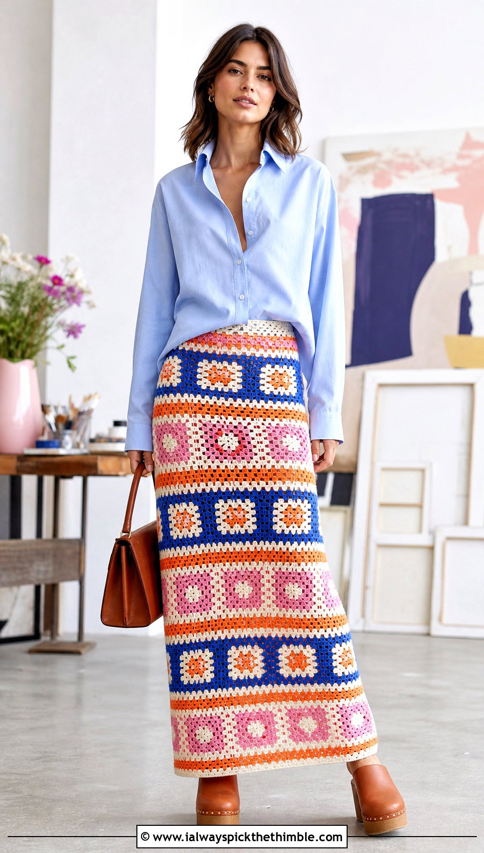 Granny Square Striped Crochet Maxi Skirt With Crisp Shirt - 20 striped crochet skirt outfit ideas