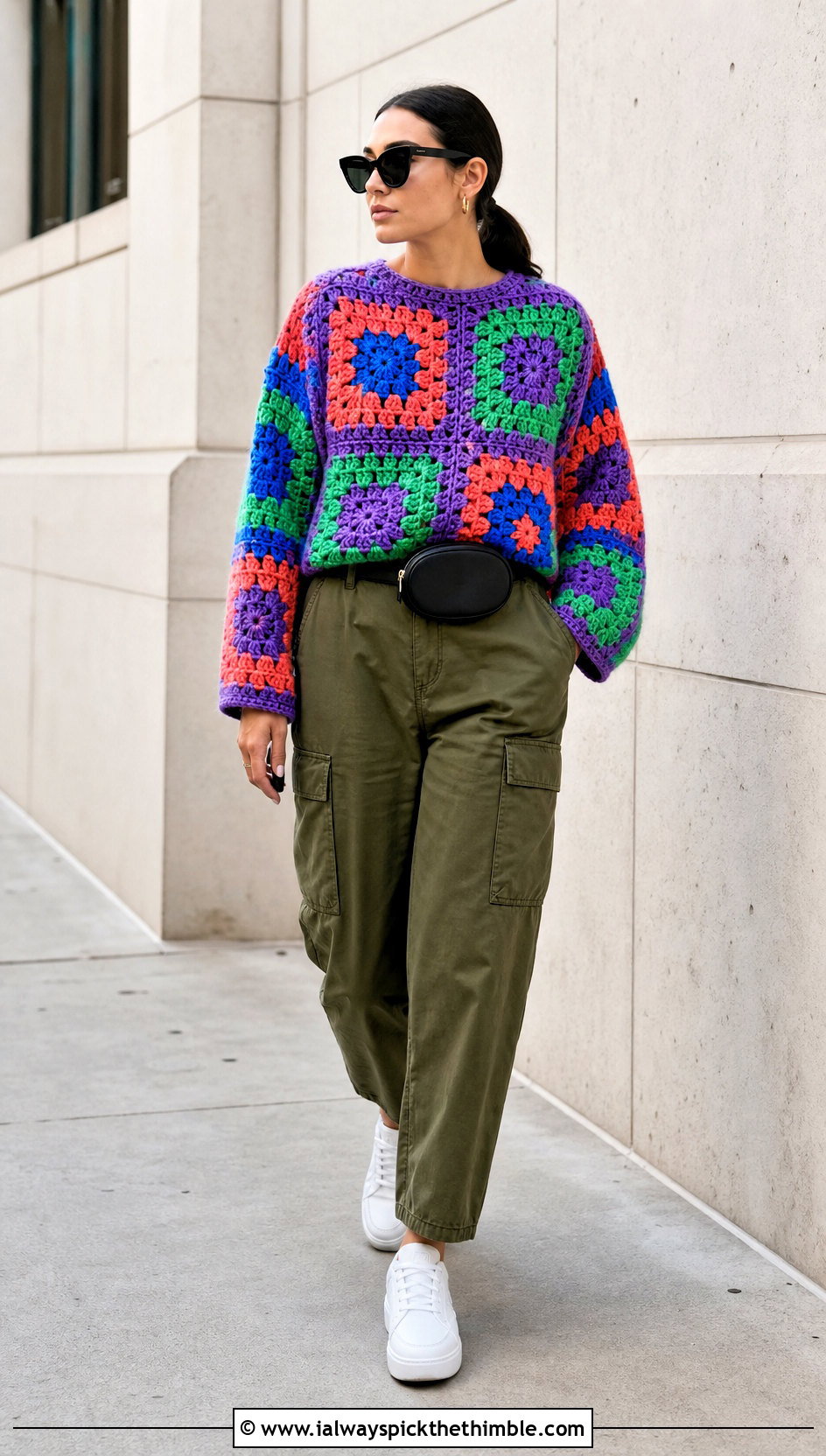 Granny Square Super Bulky Crochet Sweater With Cargo Pants - 20 Super Bulky Crochet Sweater outfit ideas