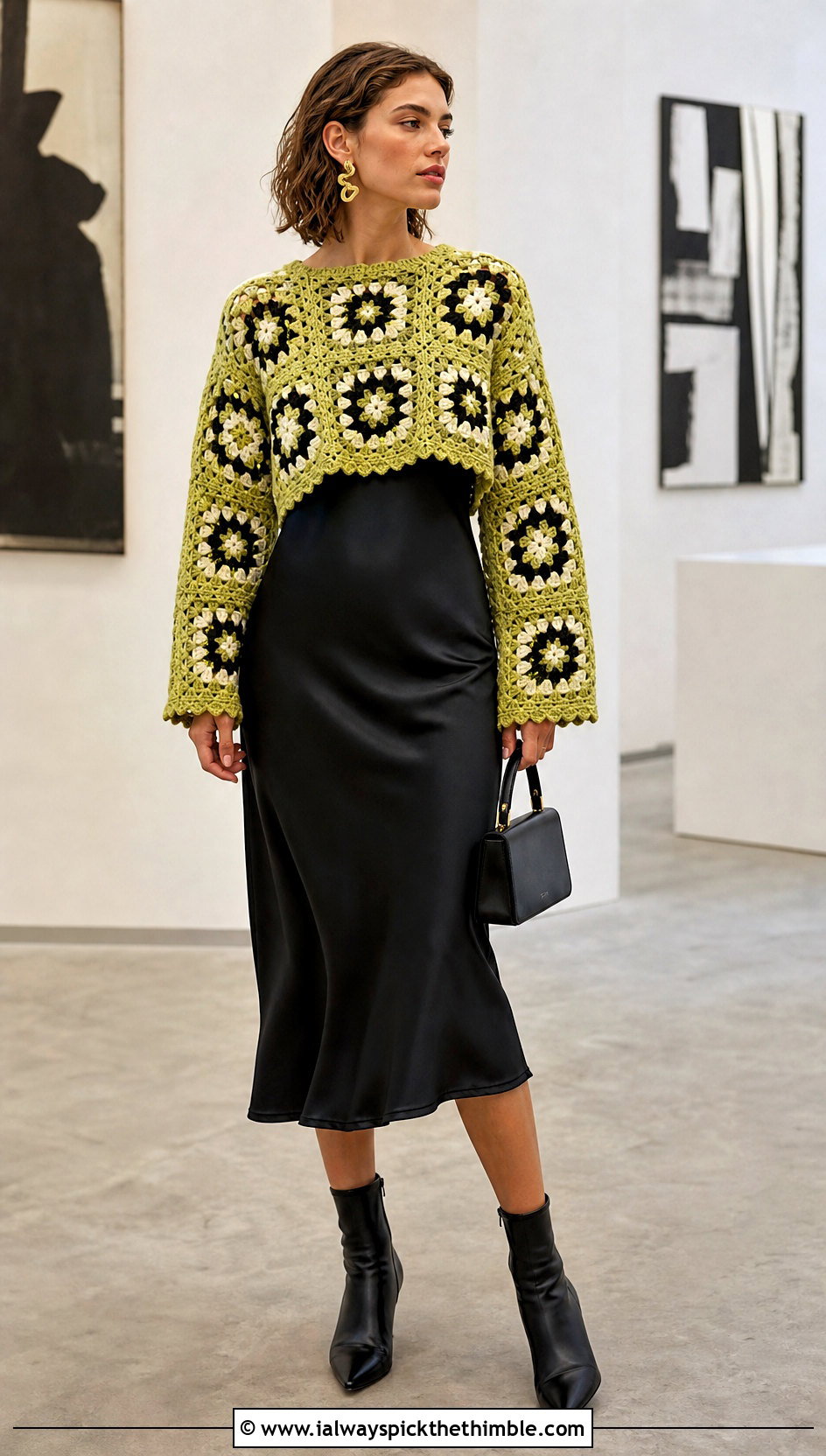 Granny Square Super Cropped Crochet Sweater With Slip Dress - 20 Super Cropped Crochet Sweater outfit ideas
