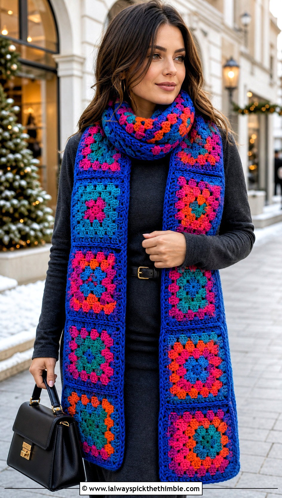 Granny Square Super Scarf With Sweater Dress And Tall Boots - 25 granny crochet scarf outfit ideas
