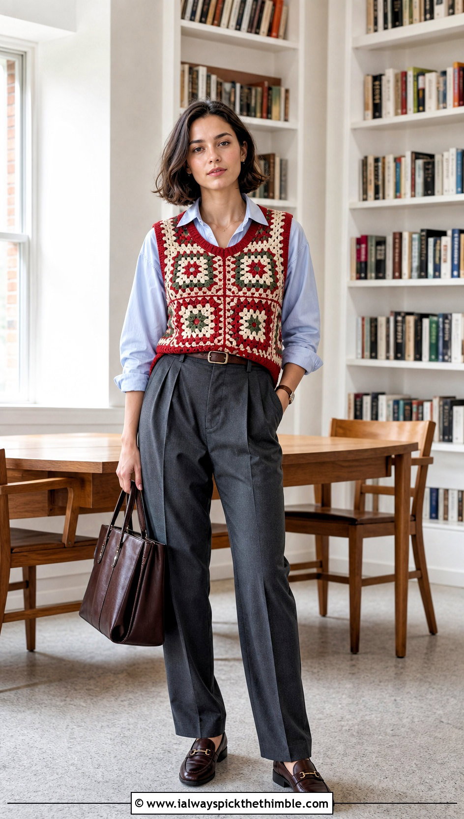 Granny Square Sweater Vest Top With Pleated Trousers - 25 crochet granny square top outfit ideas