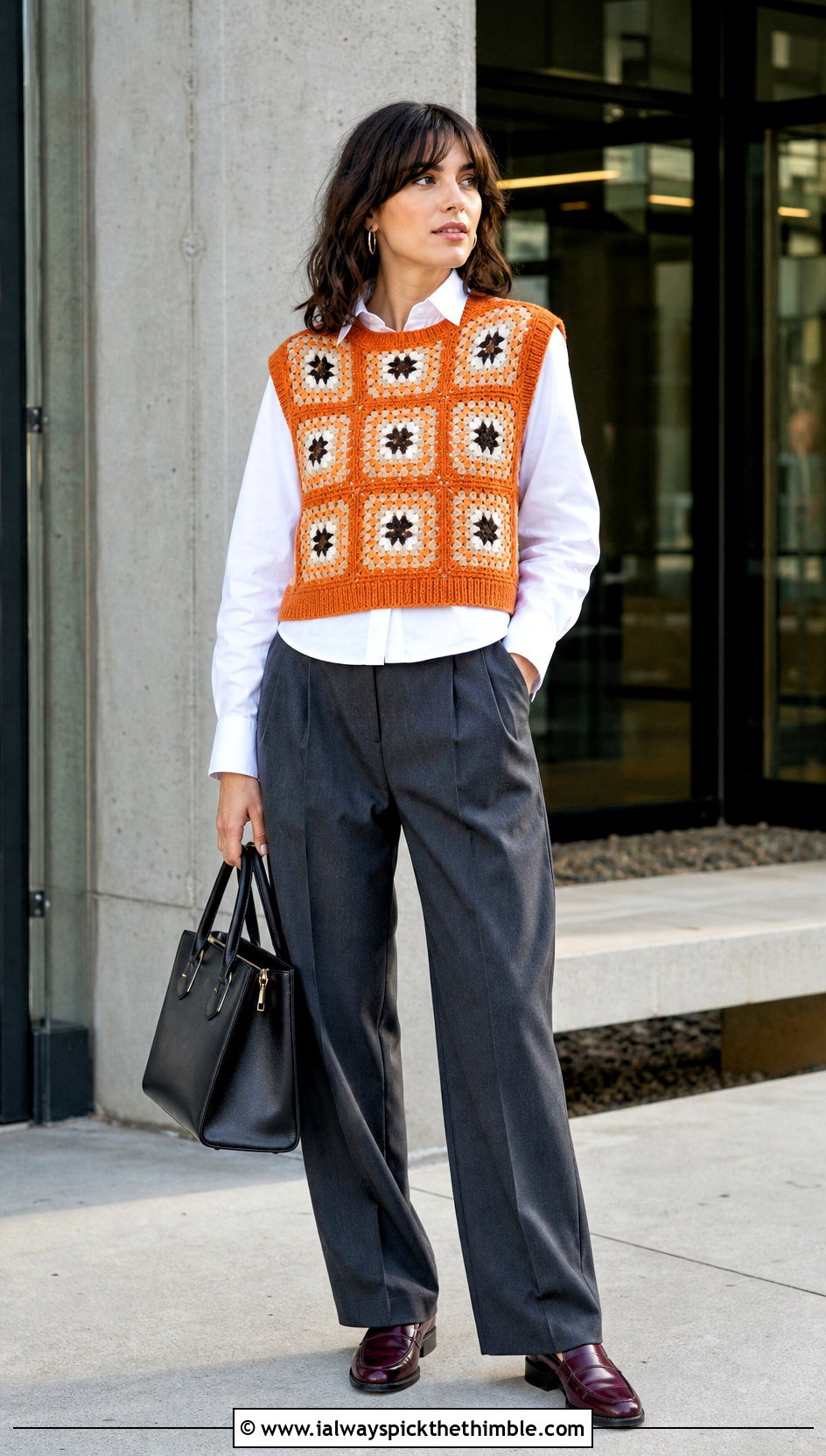 Granny Square Sweater Vest Top With White Shirt And Trousers - 25 crochet granny square tops outfit ideas