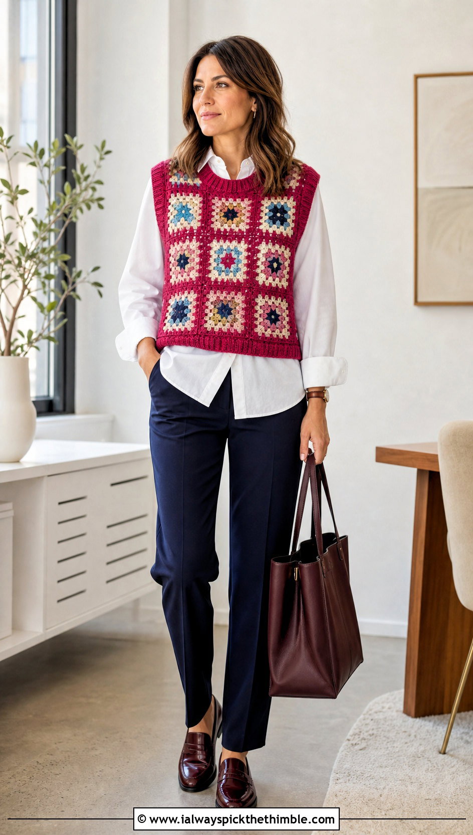 Granny Square Sweater Vest With Button Down Shirt - 20 Fall Granny Square Sweater outfit ideas