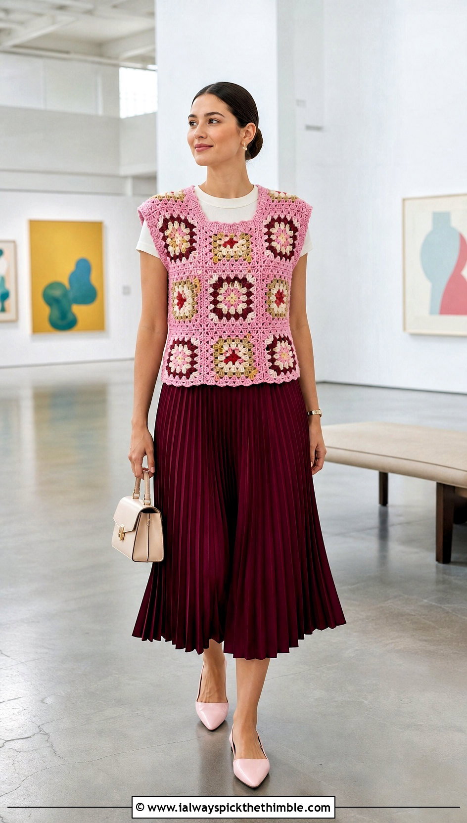 Granny Square Sweater Vest With Pleated Midi Skirt - 20 Granny Squares Sweater outfit ideas