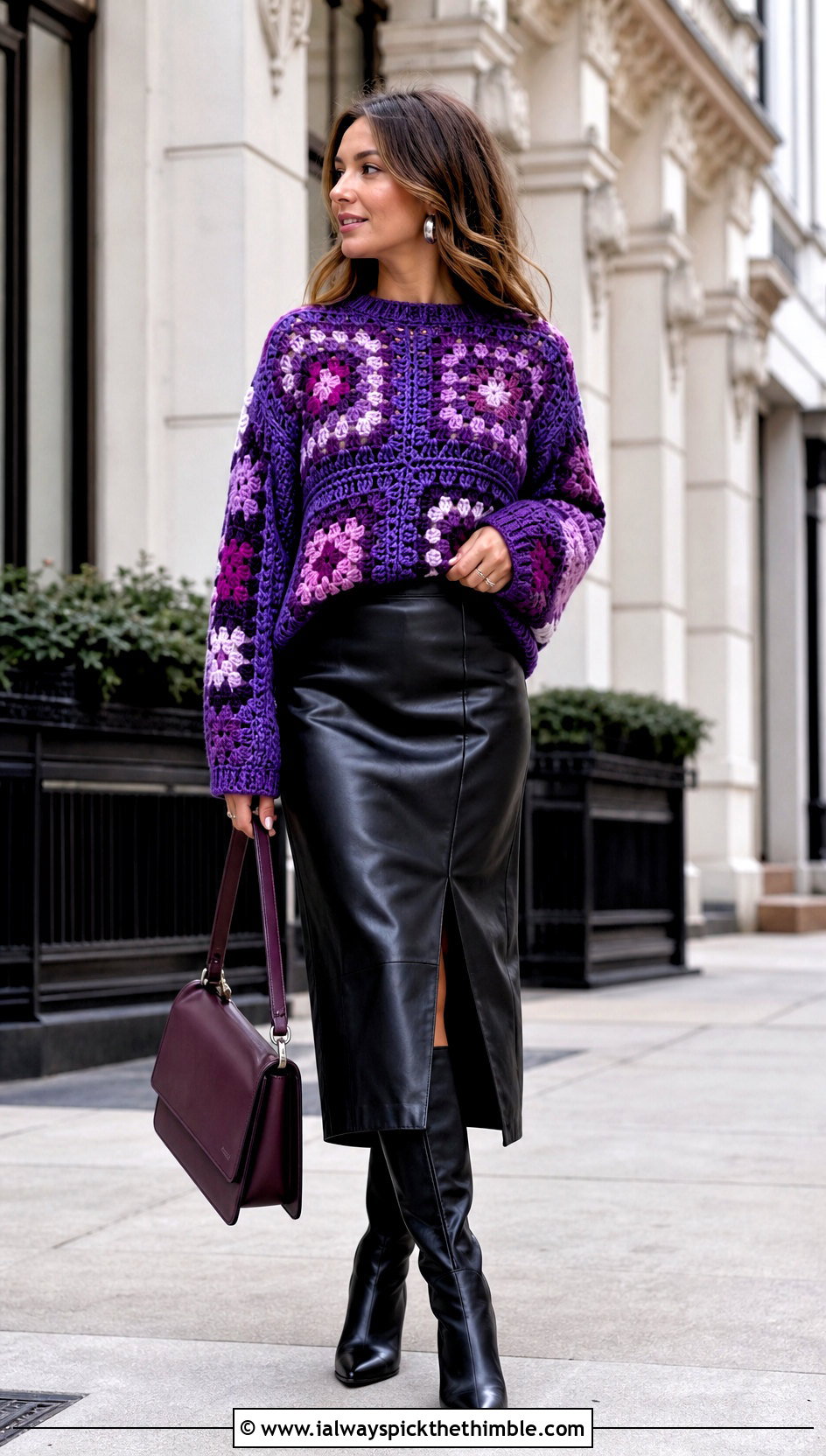 Granny Square Sweater With Leather Midi Skirt - 25 granny square clothes and outfit ideas