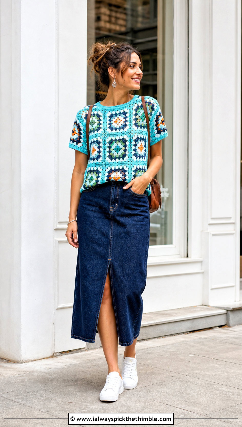 Granny Square T Shirt With Denim Midi Skirt - 25 granny square tops outfit ideas