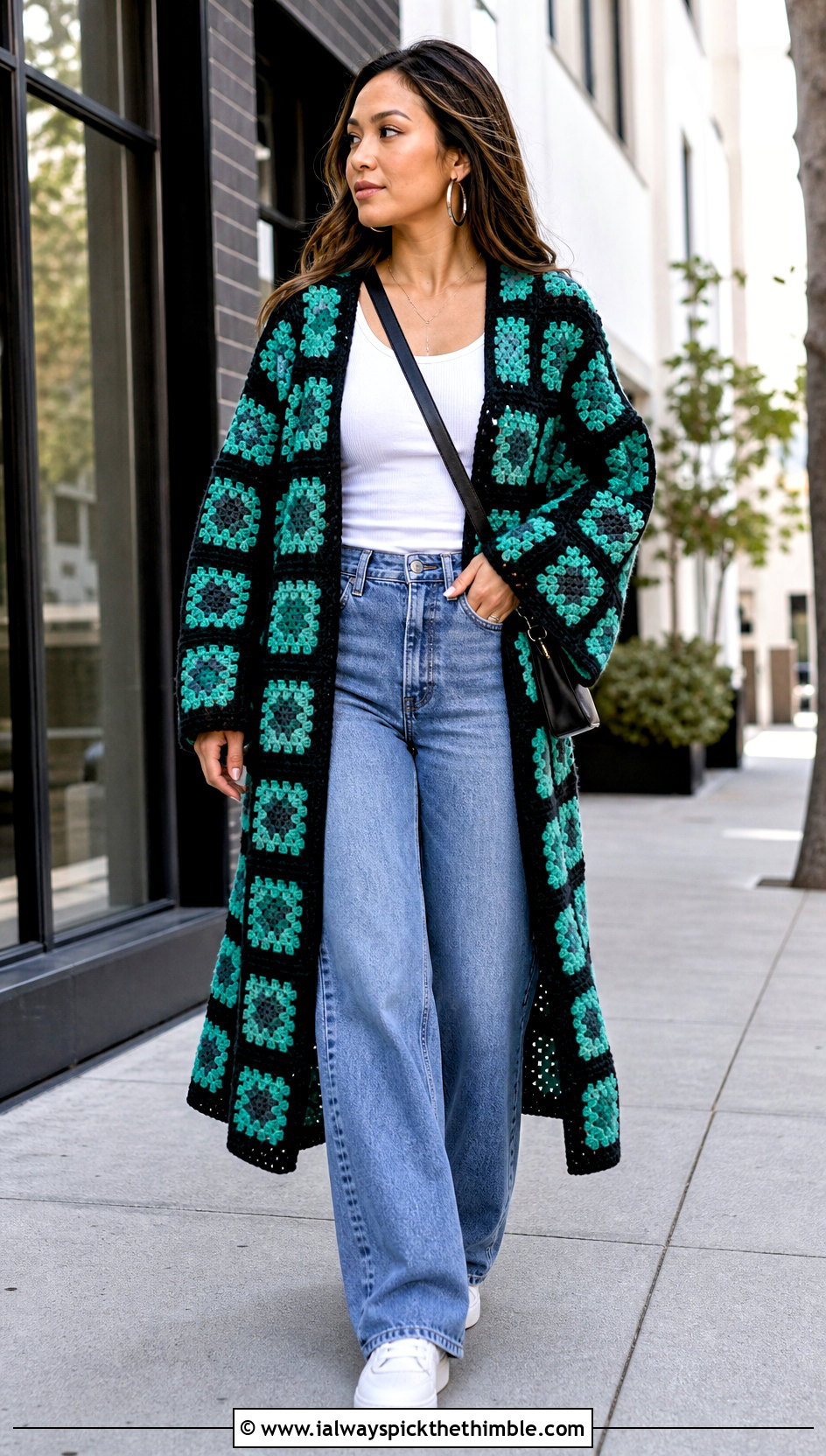 Granny Square Tanjiro Crochet Kimono With Wide Leg Jeans - 20 tanjiro crochet kimono outfit ideas