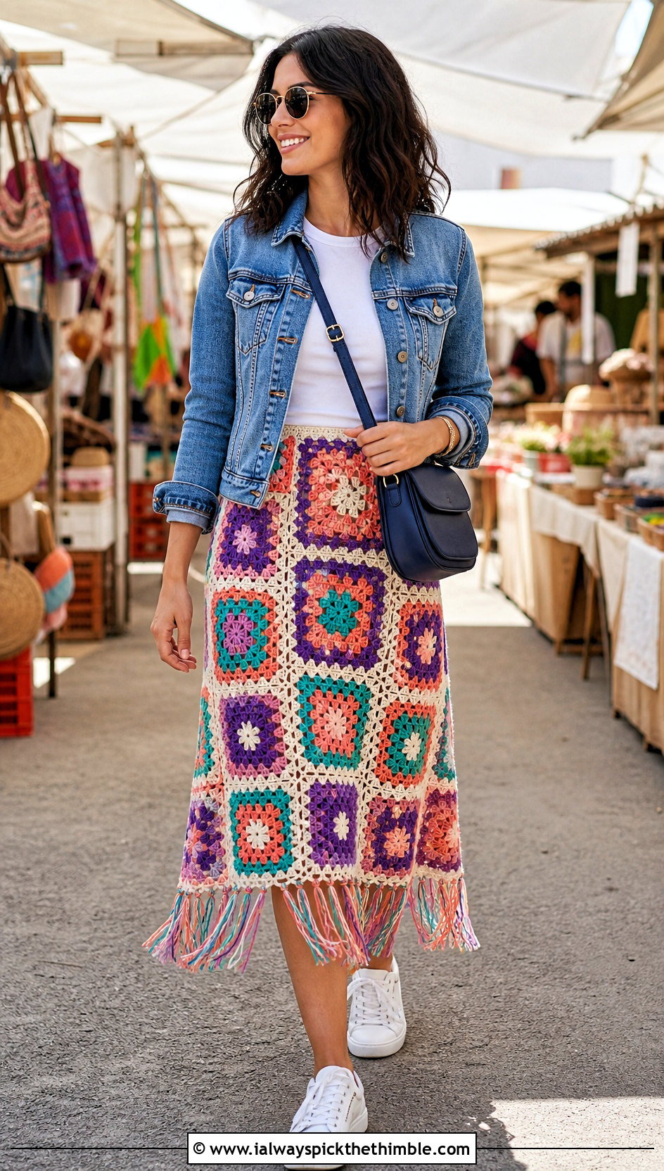 Granny Square Tassel Crochet Skirt With Denim Jacket - 20 crochet skirt with tassels outfit ideas