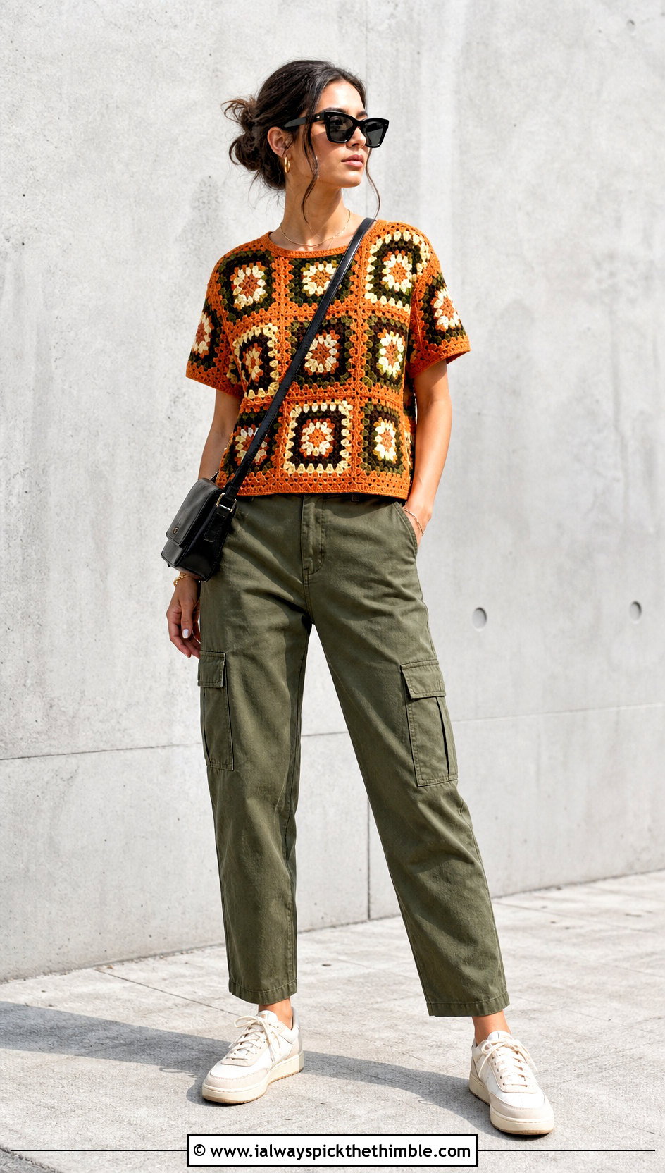 Granny Square Tee With Cargo Pants - 25 granny squares top outfit ideas