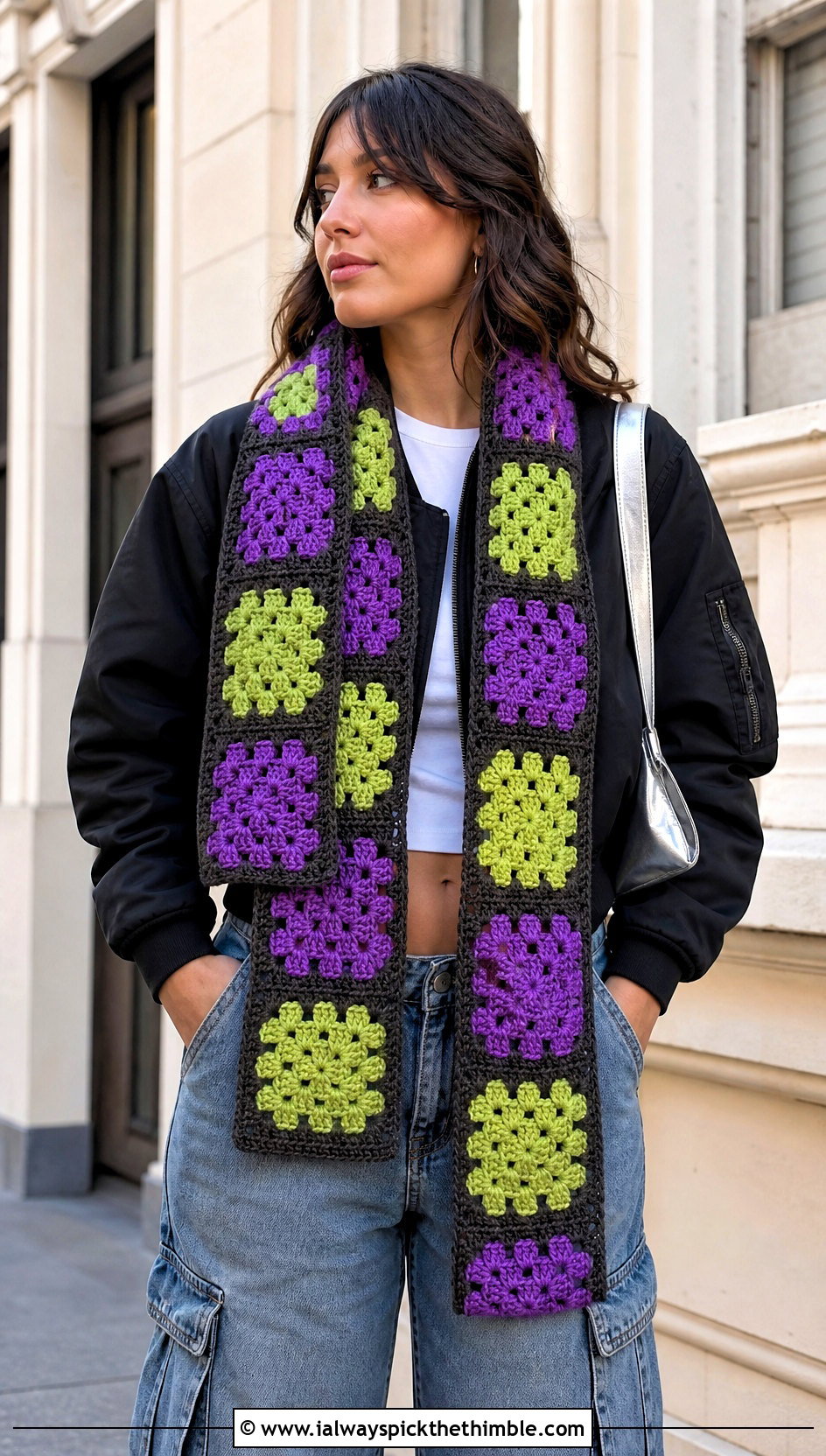Granny Square Temperature Scarf With Bomber Jacket - 20 crochet temperature scarf outfit ideas