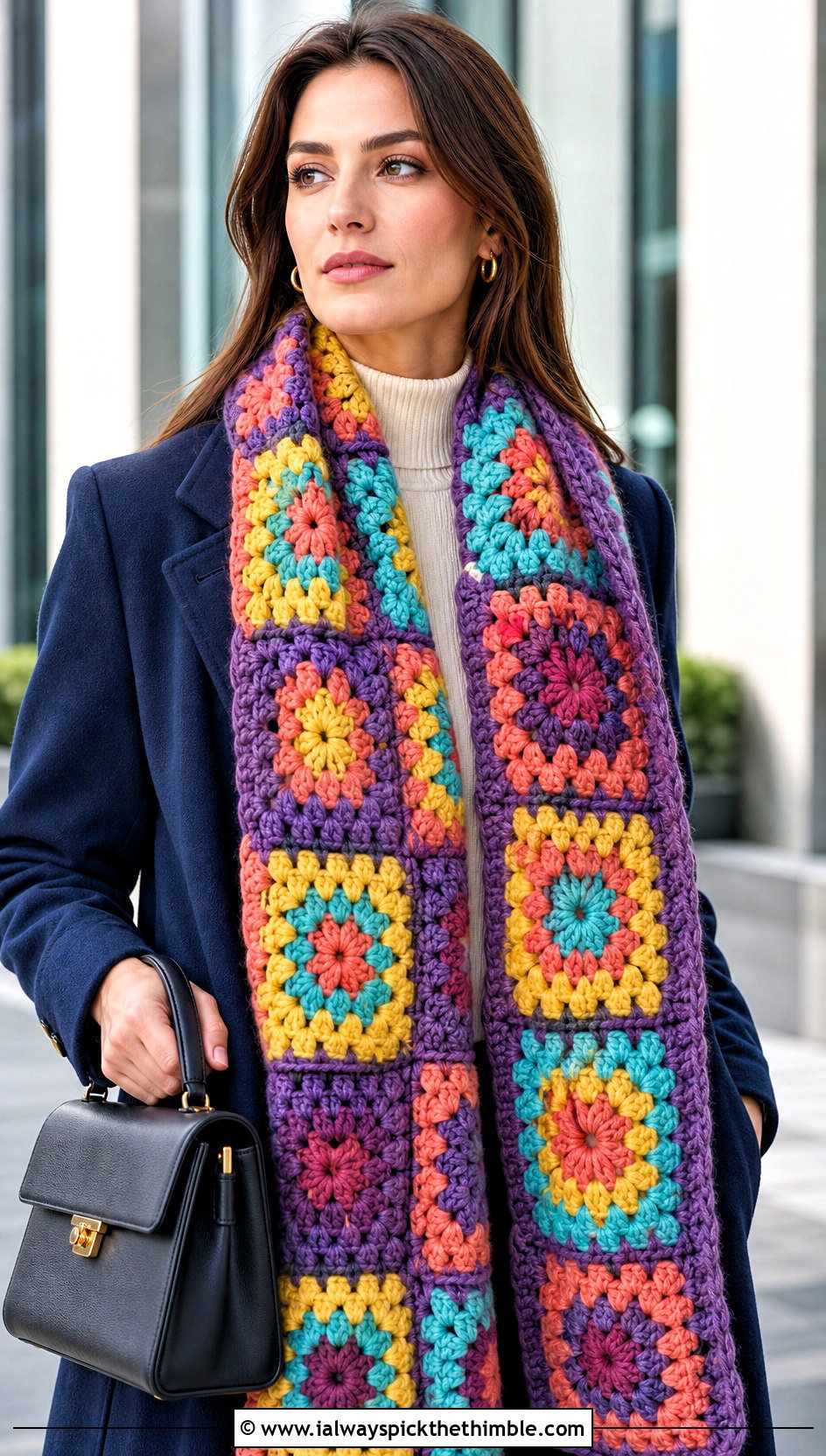 Granny Square Thick Crochet Scarf With Tailored Coat - 15 Thick Crochet Scarf outfit ideas