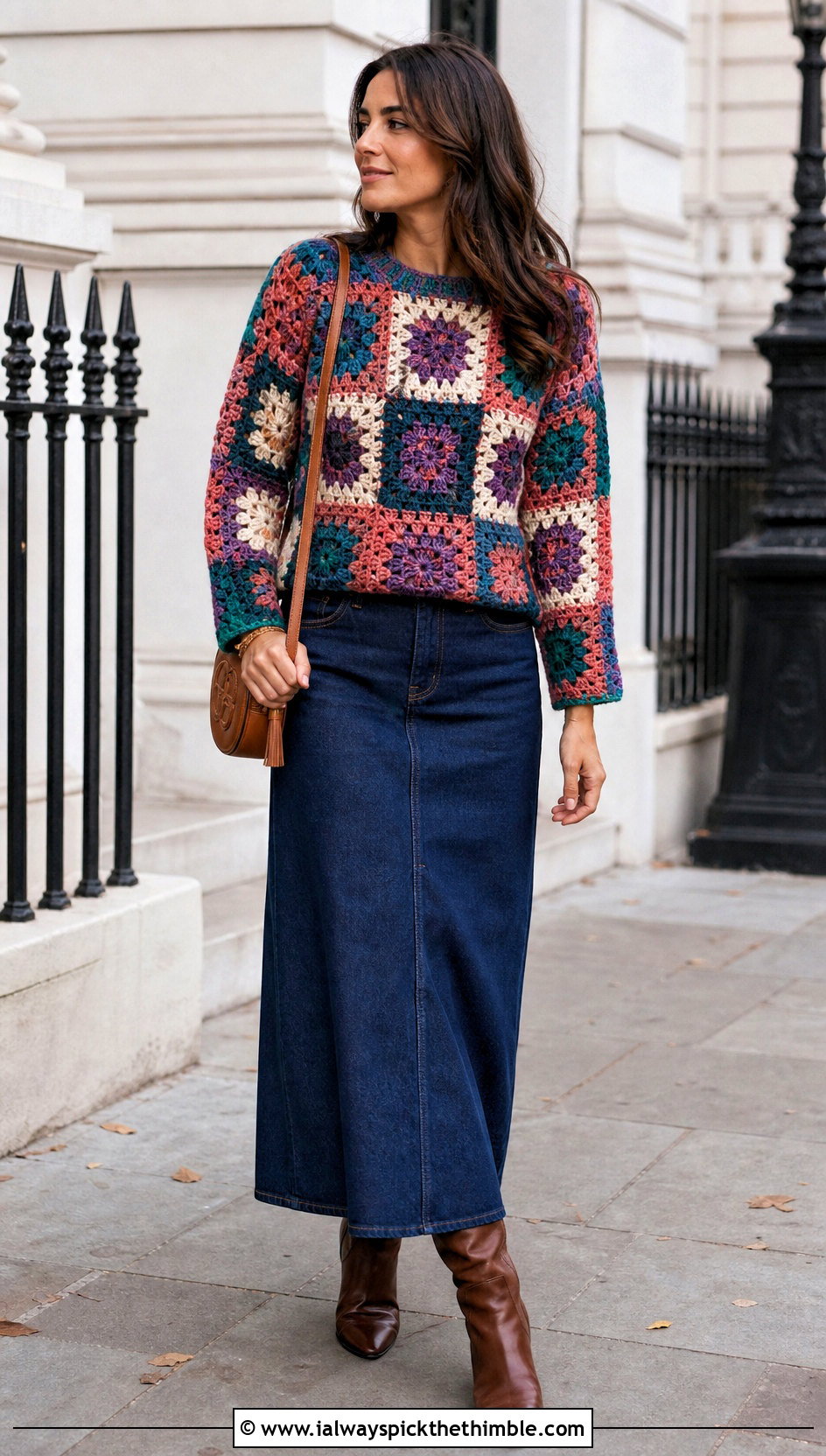 Granny Square Thick Yarn Crochet Sweater With Denim Maxi Skirt - 20 thick yarn crochet sweater outfit ideas