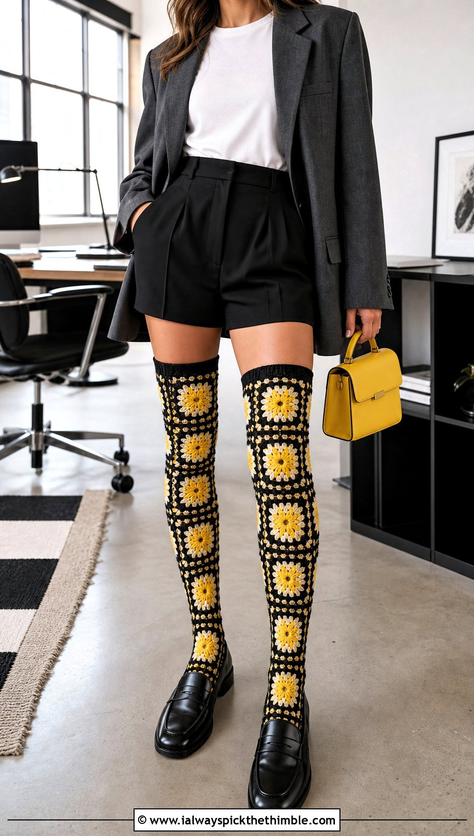 Granny Square Thigh High Socks With Blazer And Shorts - 20 granny square thigh high socks outfit ideas