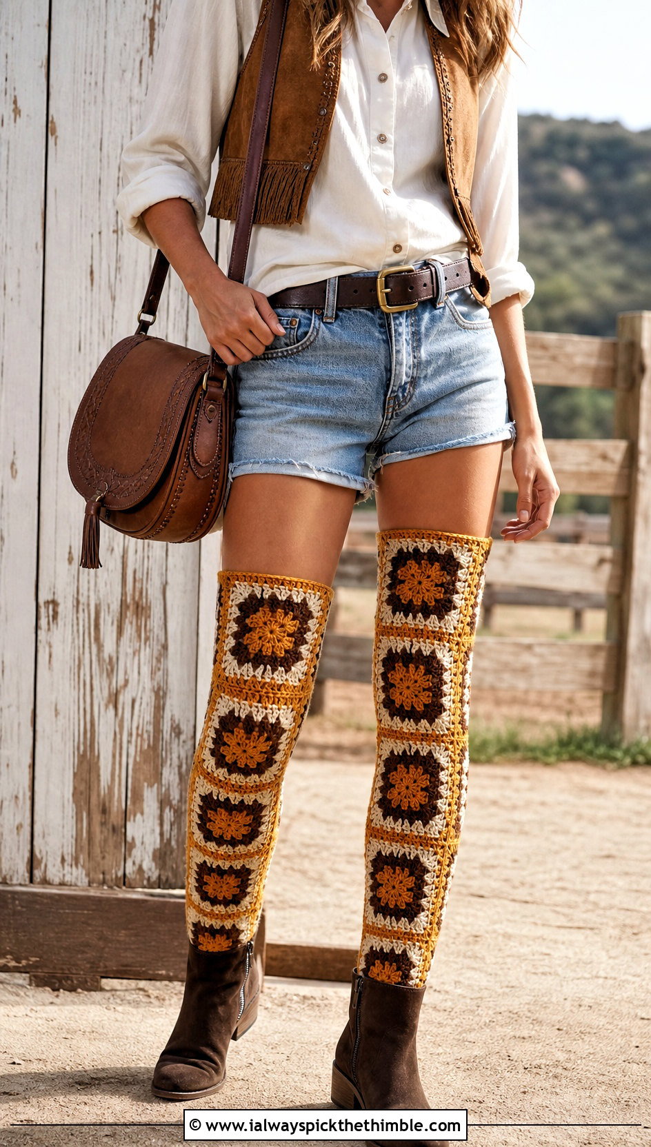Granny Square Thigh High Socks With Denim Shorts And Western Shirt - 20 granny square thigh high socks outfit ideas