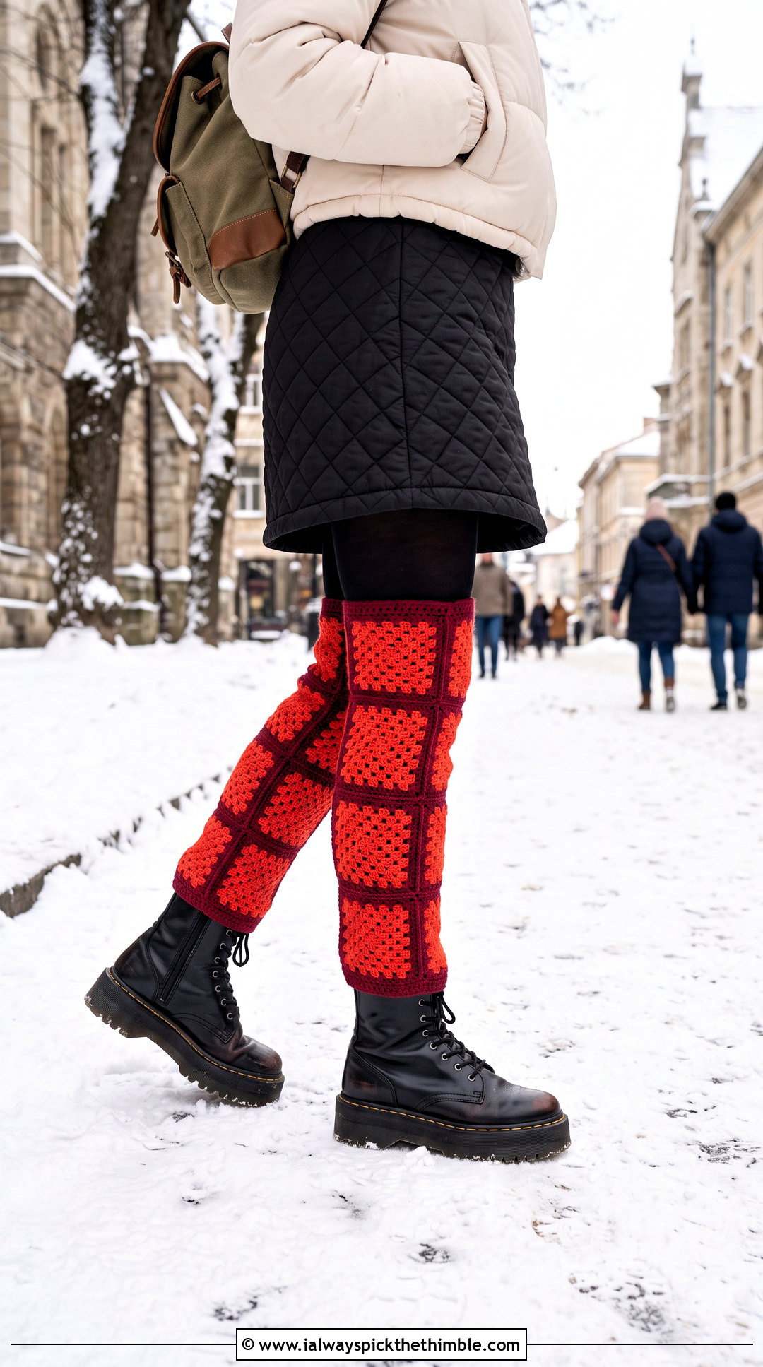 Granny Square Thigh High Socks With Puffer Jacket And Mini Skirt - 20 granny square thigh high socks outfit ideas