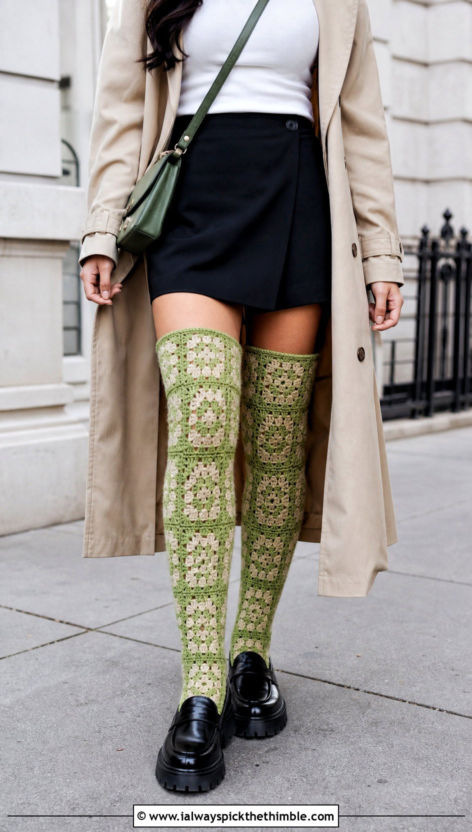 Granny Square Thigh High Socks With Trench Coat And Skort - 20 granny square thigh high socks outfit ideas