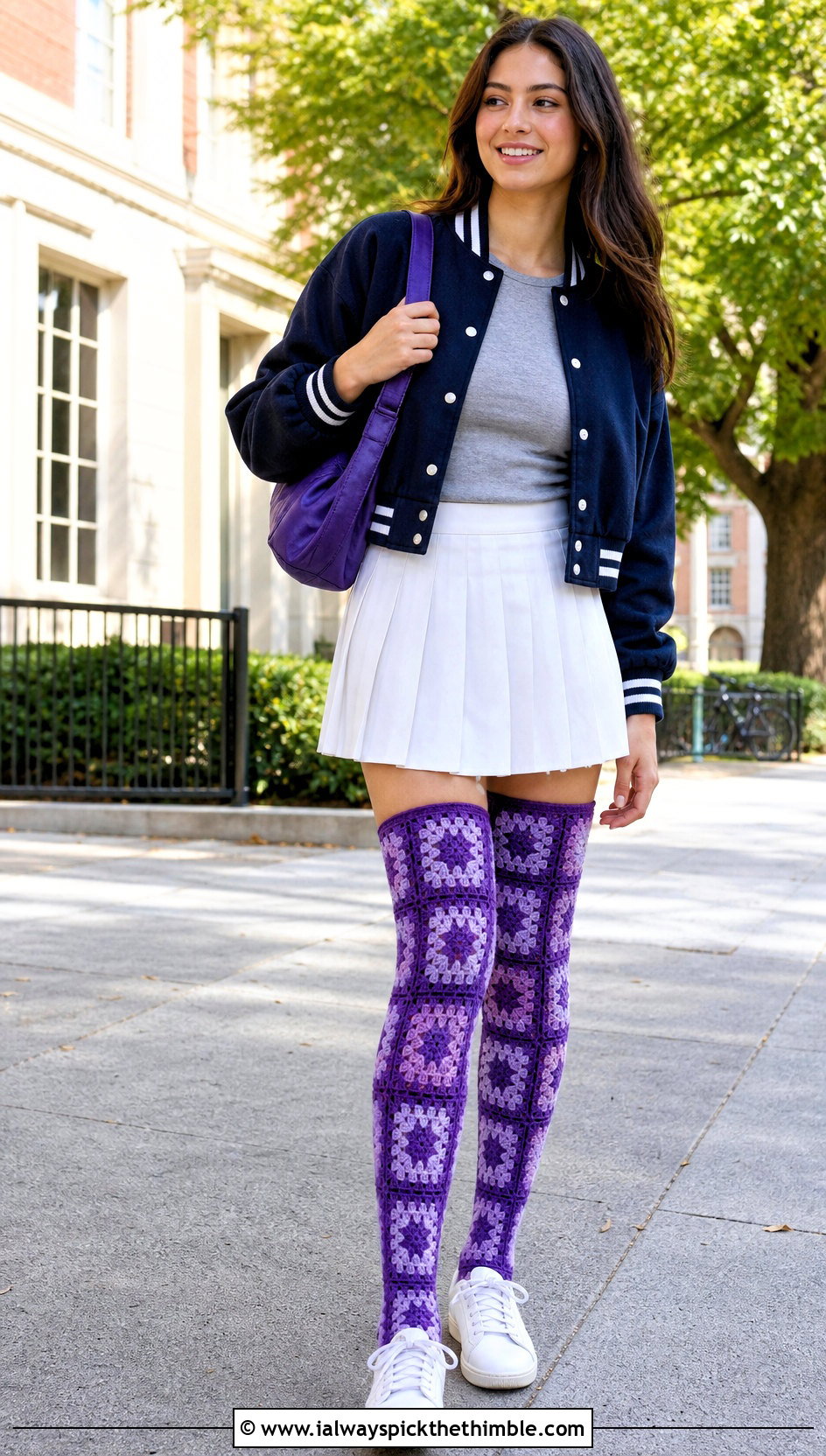Granny Square Thigh High Socks With Varsity Jacket And Tennis Skirt - 20 granny square thigh high socks outfit ideas