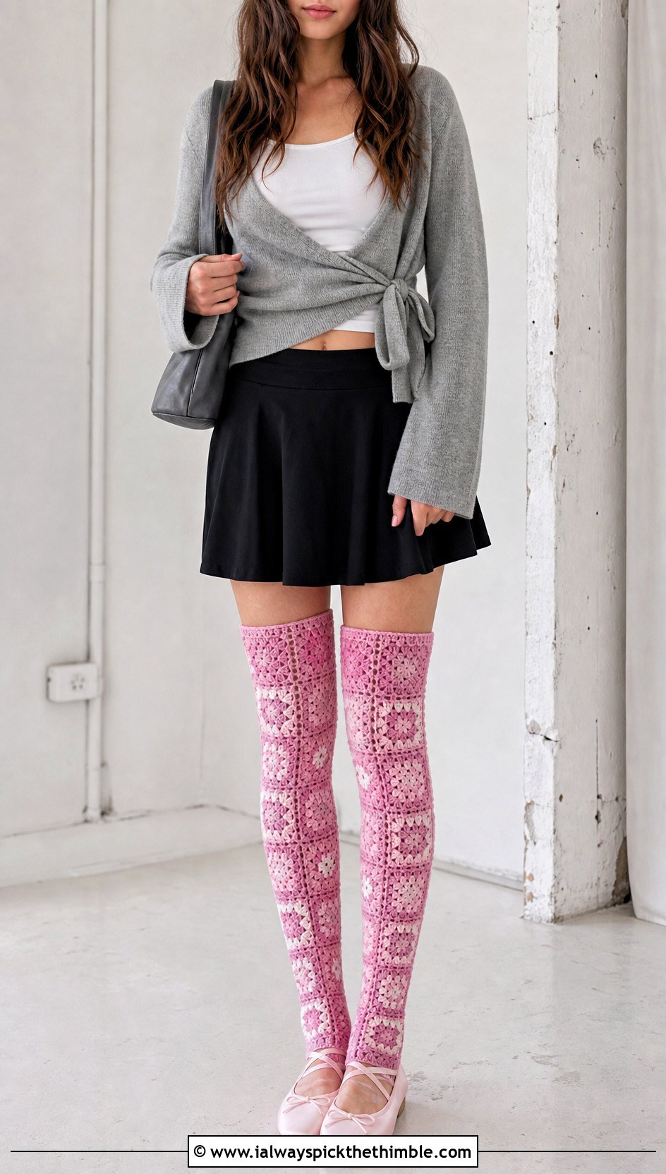 Granny Square Thigh High Socks With Wrap Cardigan And Mini Skirt - 20 granny square thigh high socks outfit ideas