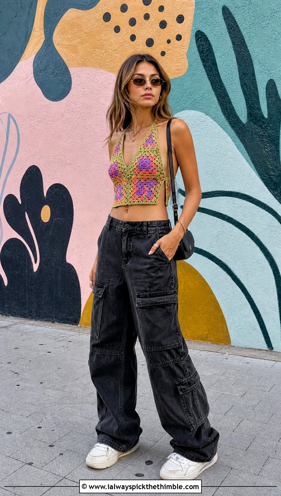Granny Square Tie Back Crochet Top With Cargo Pants - 15 tie back crochet top outfit ideas