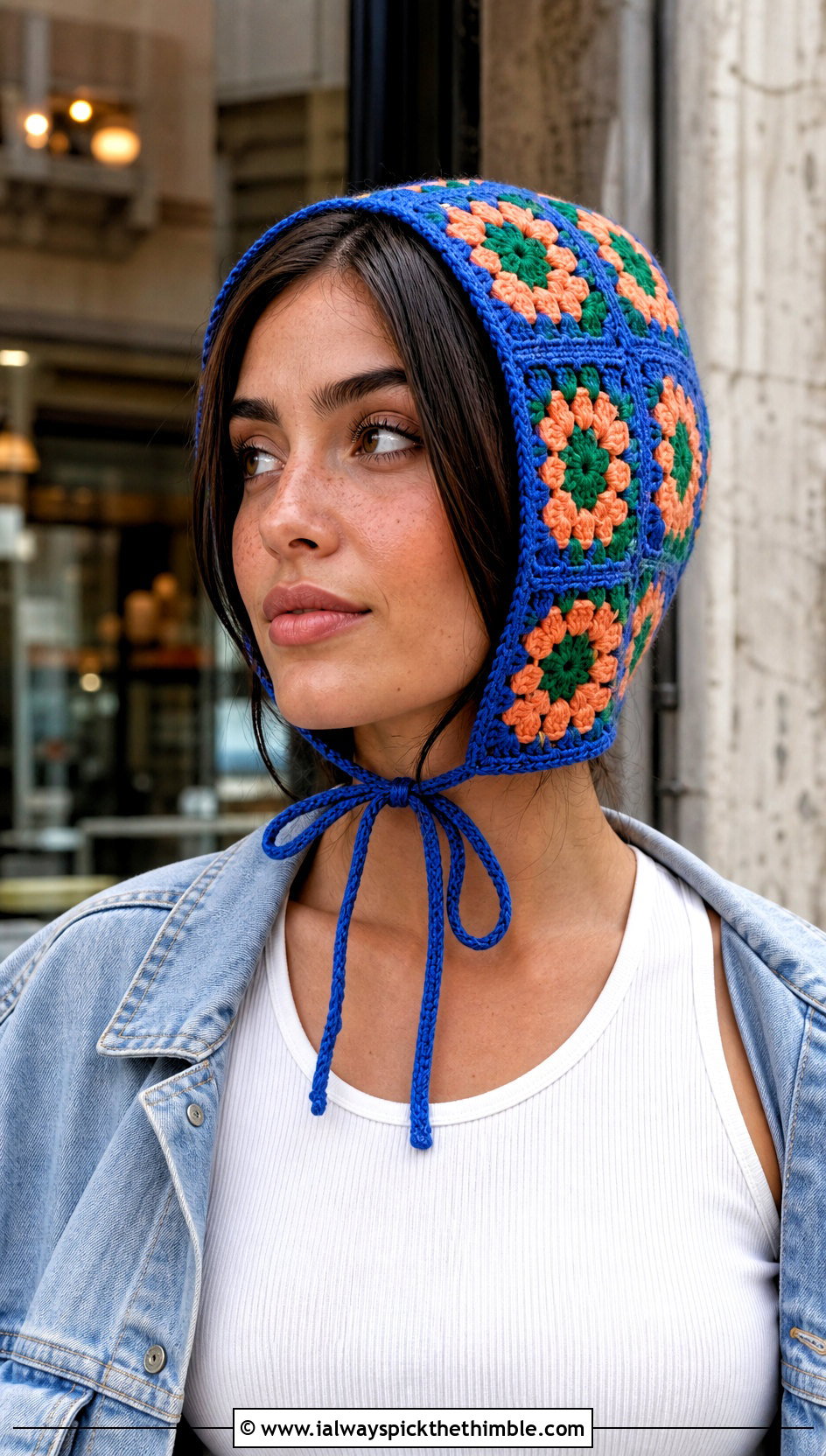 Granny Square Tie Bonnet With Denim Jacket - 25 crochet bonnets outfit ideas