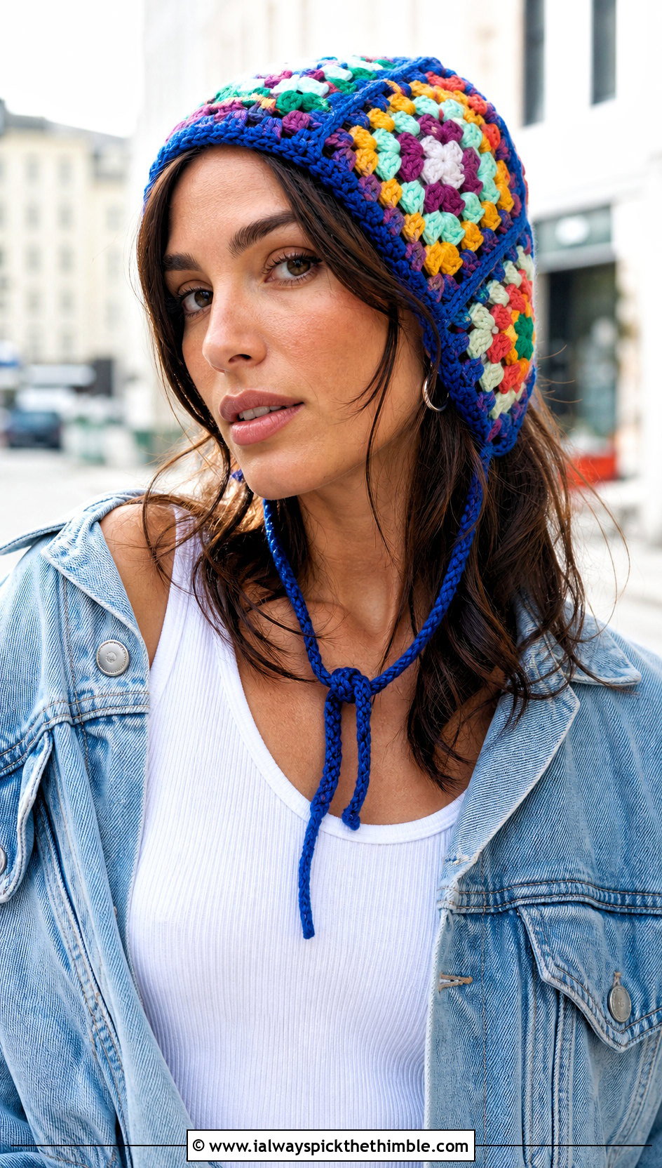 Granny Square Tie Bonnet With Denim Jacket - 25 crochet bonnet outfit ideas