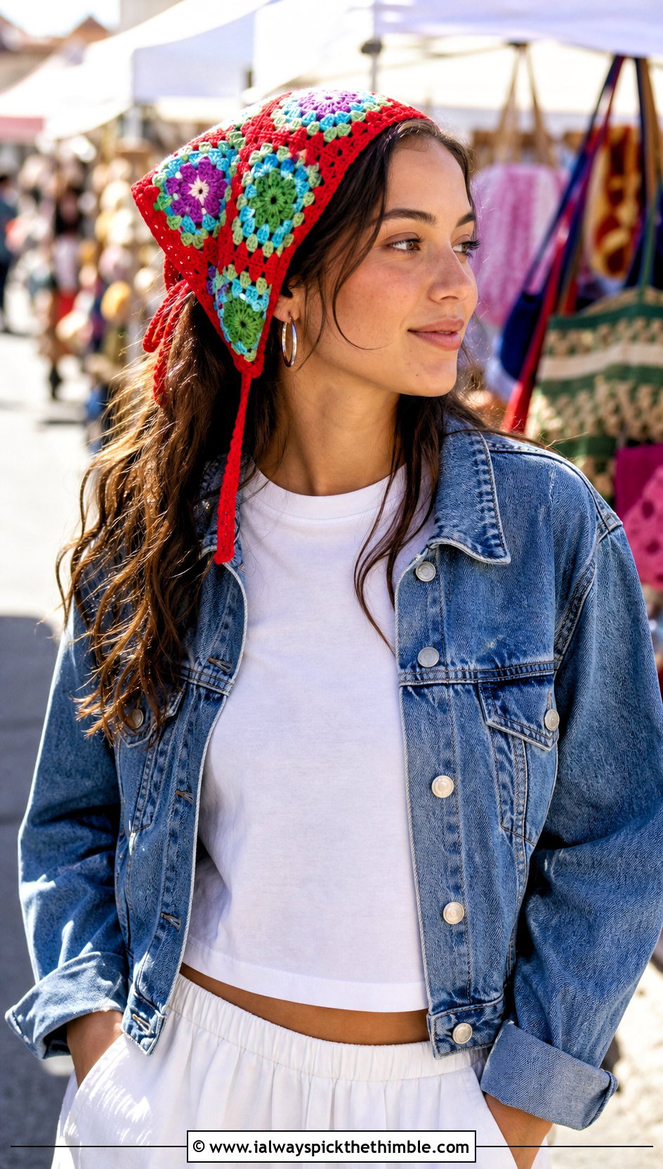 Granny Square Tie Crochet Summer Headband With Denim Jacket - 25 crochet summer headband outfit ideas