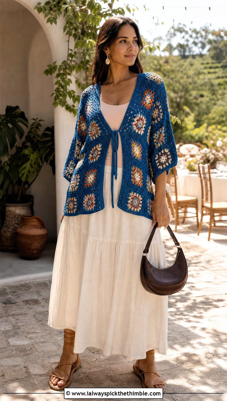 Granny Square Tie Front Cover Up With A Maxi Skirt - 25 granny square cover up outfit ideas