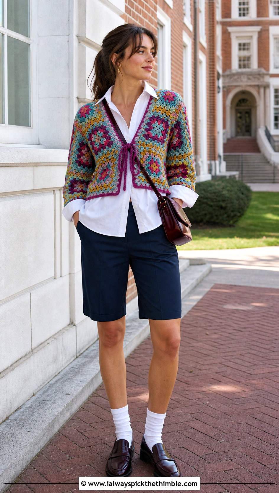 Granny Square Tie Front Crochet Cardigan Top With Oxford Shirt - 15 tie up crochet top outfit ideas