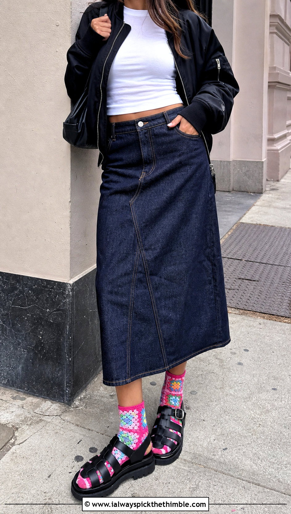 Granny Square Toeless Crochet Socks With A Denim Skirt - 20 Toeless Crochet Socks outfit ideas