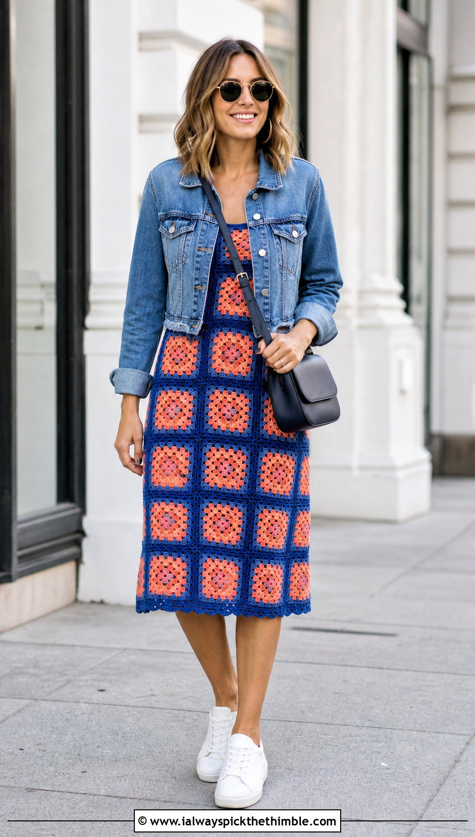 Granny Square Top Midi Dress With Denim Jacket - 20 Crochet Top Dress outfit ideas