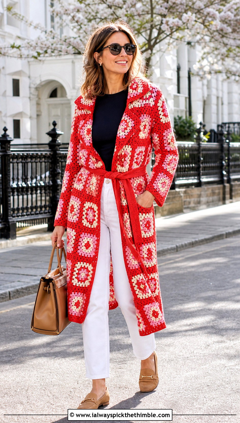 Granny Square Trench Coat With White Jeans - 20 granny square coat outfit ideas