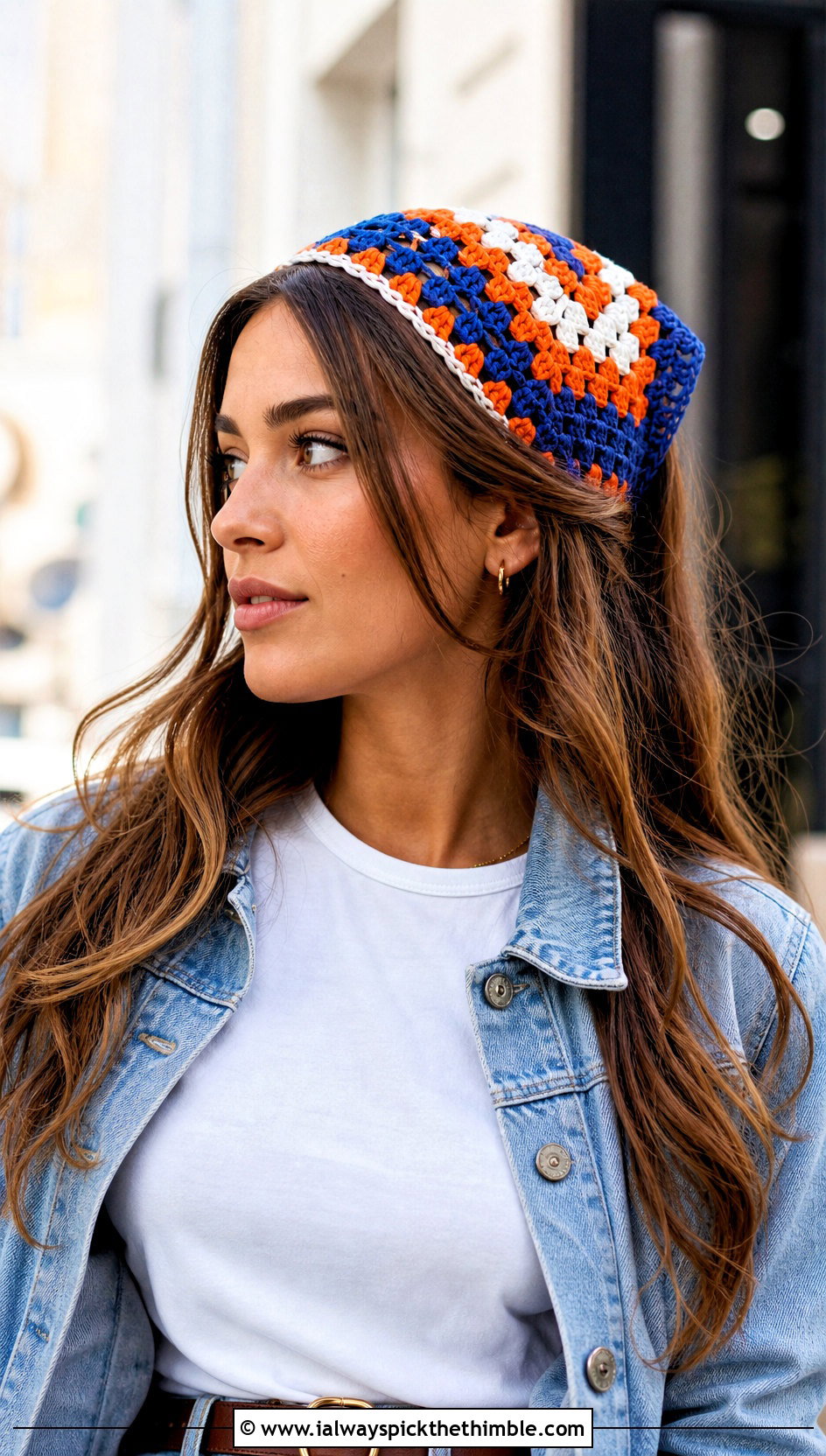 Granny Square Triangle Bandana With White Tee And Jeans - 20 crochet bandana hair scarf outfit ideas