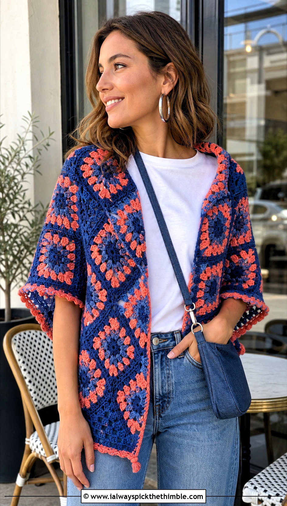 Granny Square Triangle Crochet Shawl With Jeans - 25 easy simple crochet shawl outfit ideas