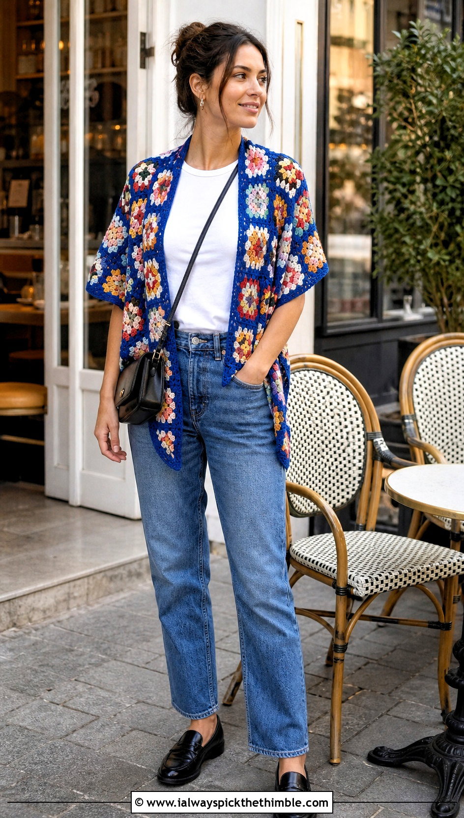Granny Square Triangle Crochet Shawl With Straight Leg Jeans - 20 beautiful crochet shawls and wraps outfit ideas