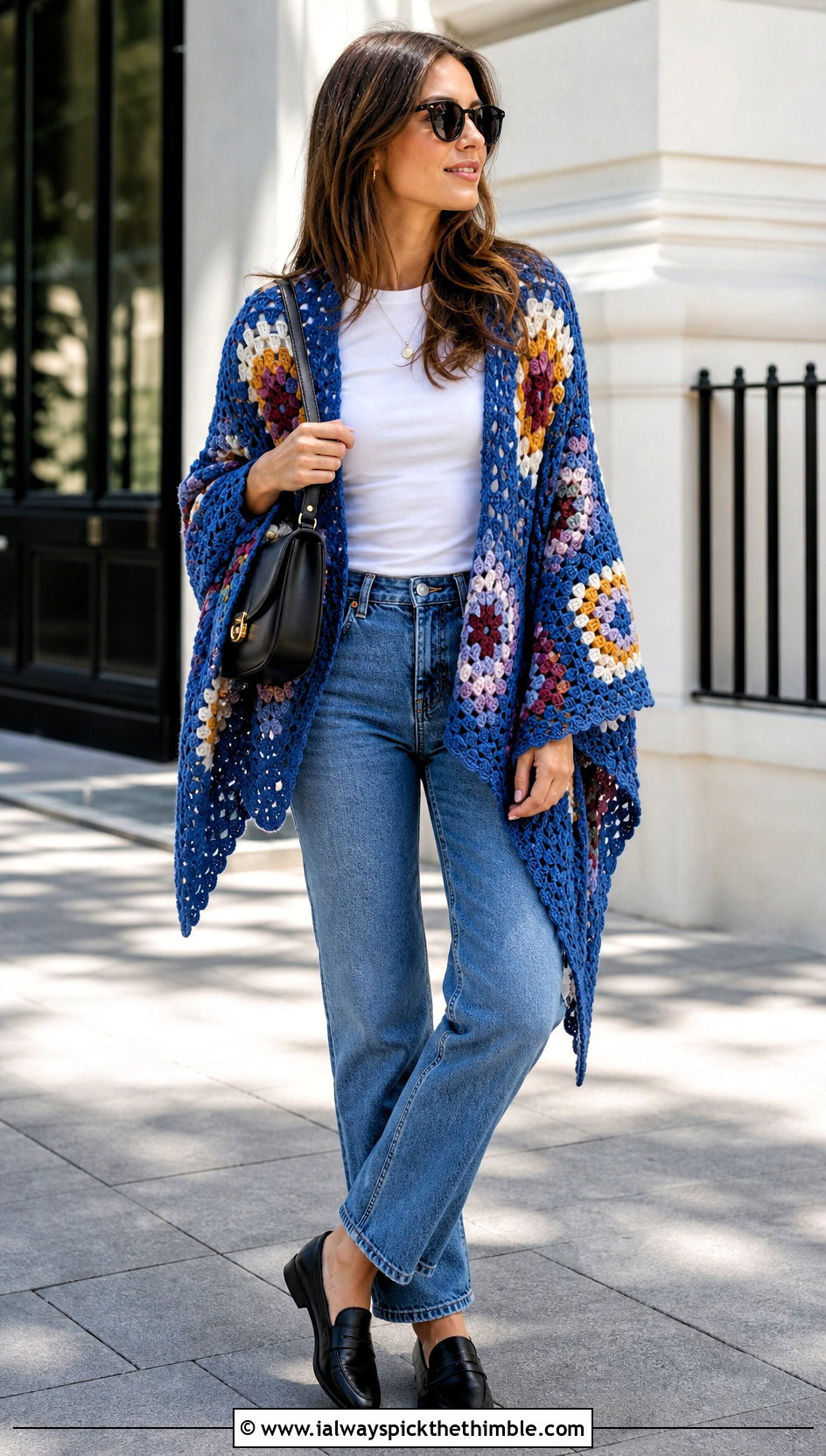 Granny Square Triangle Crochet Shawl With Straight Leg Jeans - 20 Crochet A Shawl outfit ideas