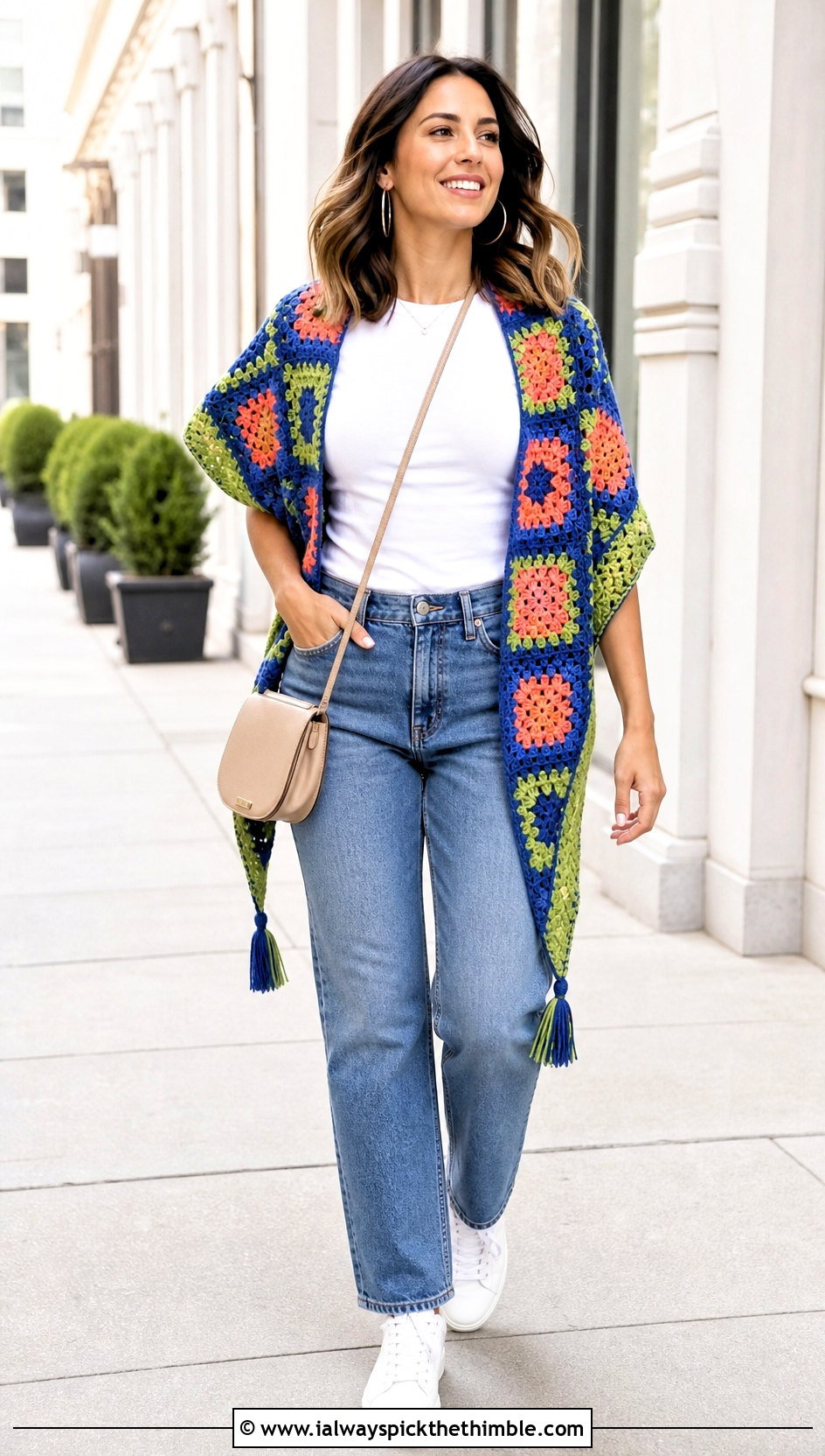 Granny Square Triangle Crochet Shawl With Straight Leg Jeans - 25 easy crochet shawl outfit ideas
