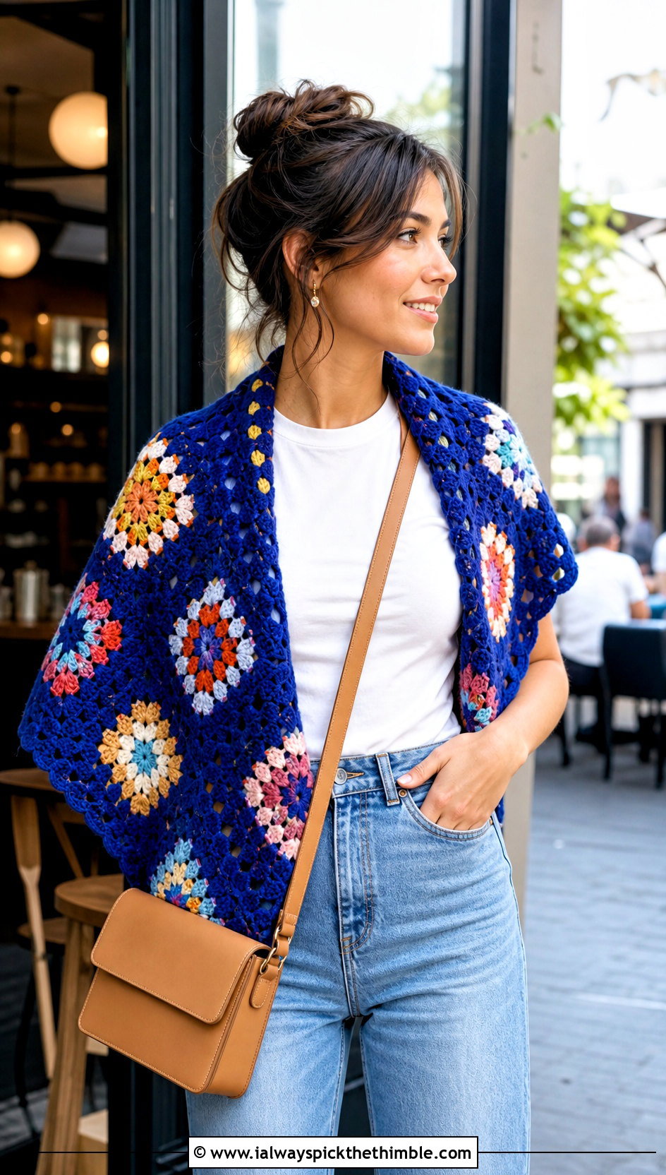 Granny Square Triangle Crochet Shawl With Straight Leg Jeans - 15 Easy Crochet Shawls outfit ideas